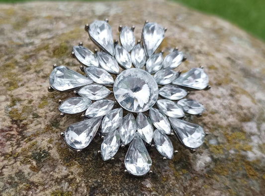 Vintage Rhinestone Silver Tone Flower Brooch