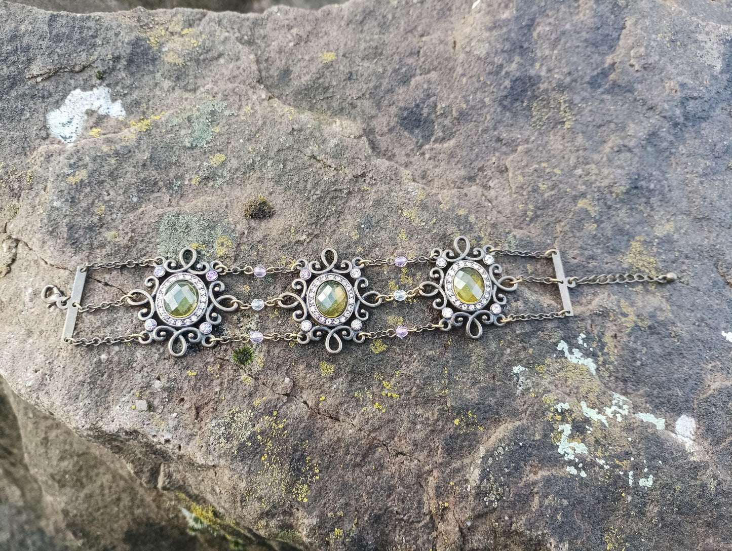 Vintage Victorian Revival Bracelet with Faux Peridot Glass Stones