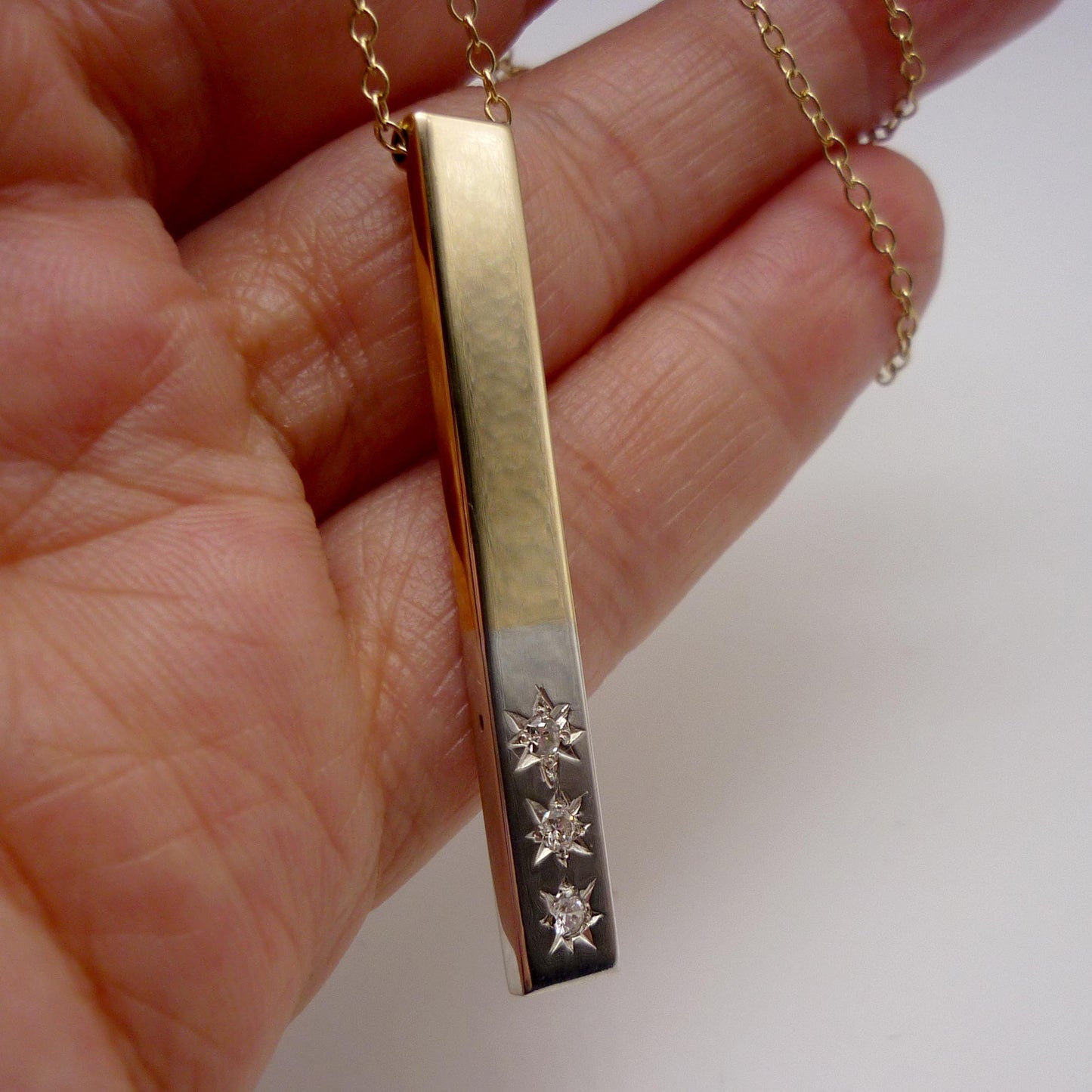 Two Tone Gold Bar Pendant with Diamonds