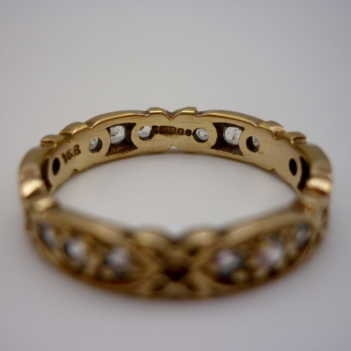 Vintage Gold Diamond Eternity Band, 9k Flower Ring Size 7.75