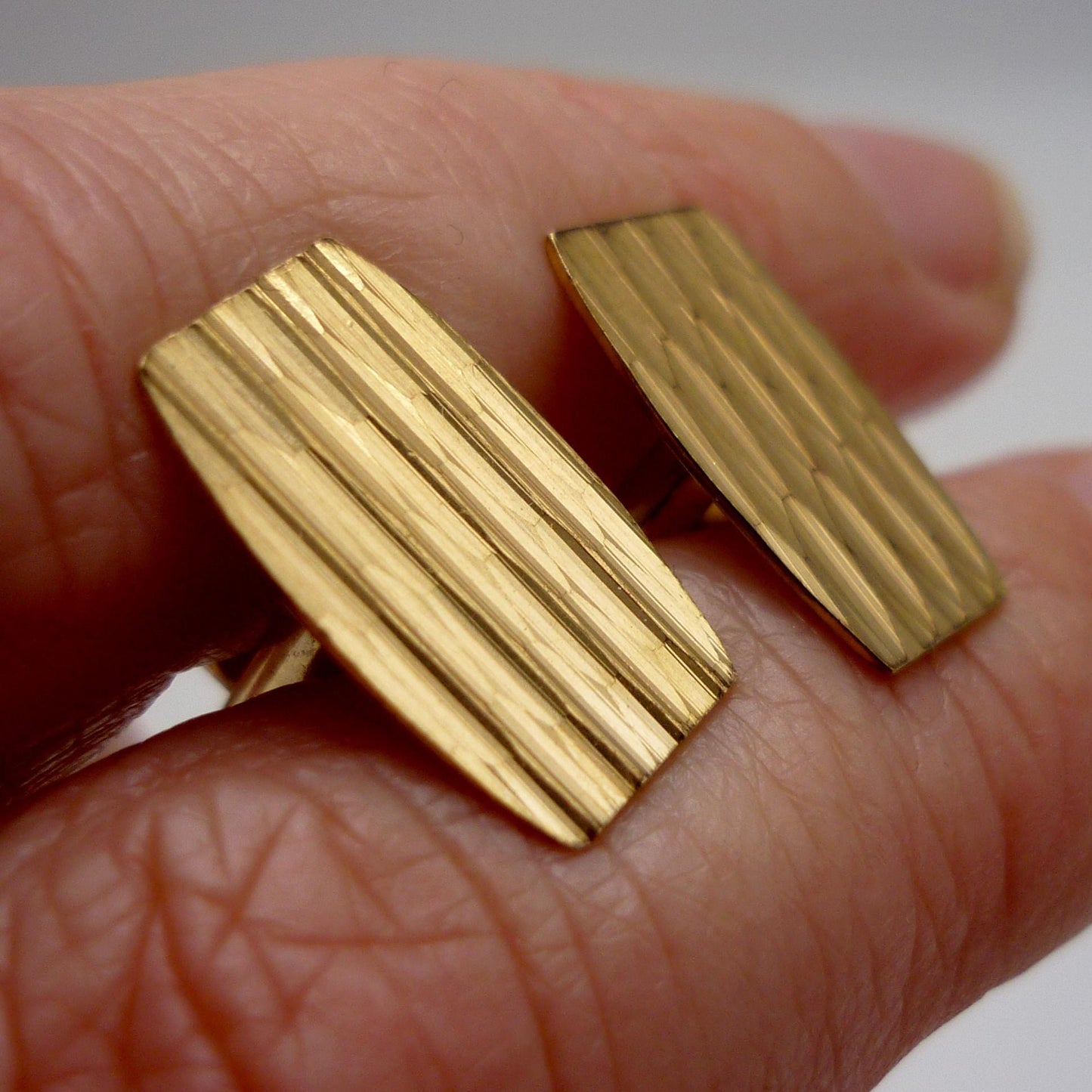 Engine Turned Solid 9k Gold Cufflinks, Vintage London 1965 Fred Manshaw Cuff Links