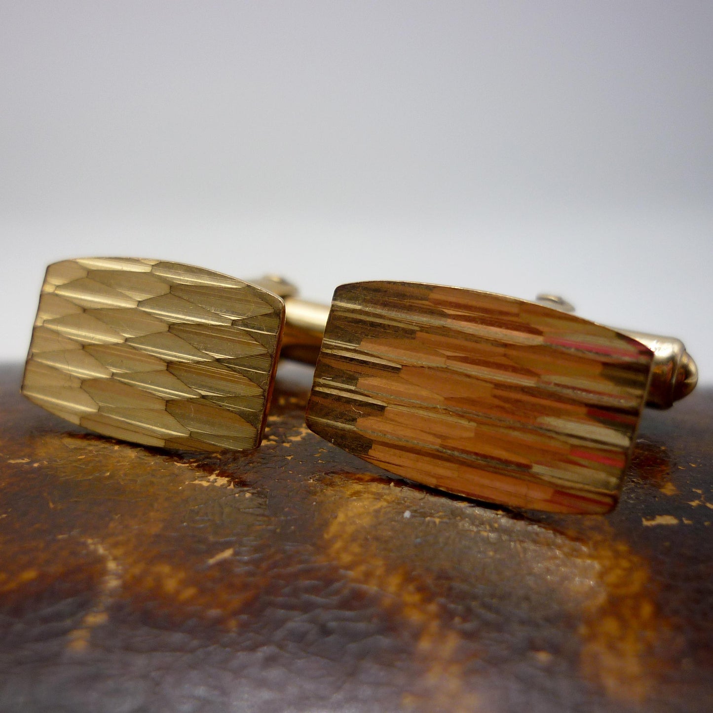 Engine Turned Solid 9k Gold Cufflinks, Vintage London 1965 Fred Manshaw Cuff Links