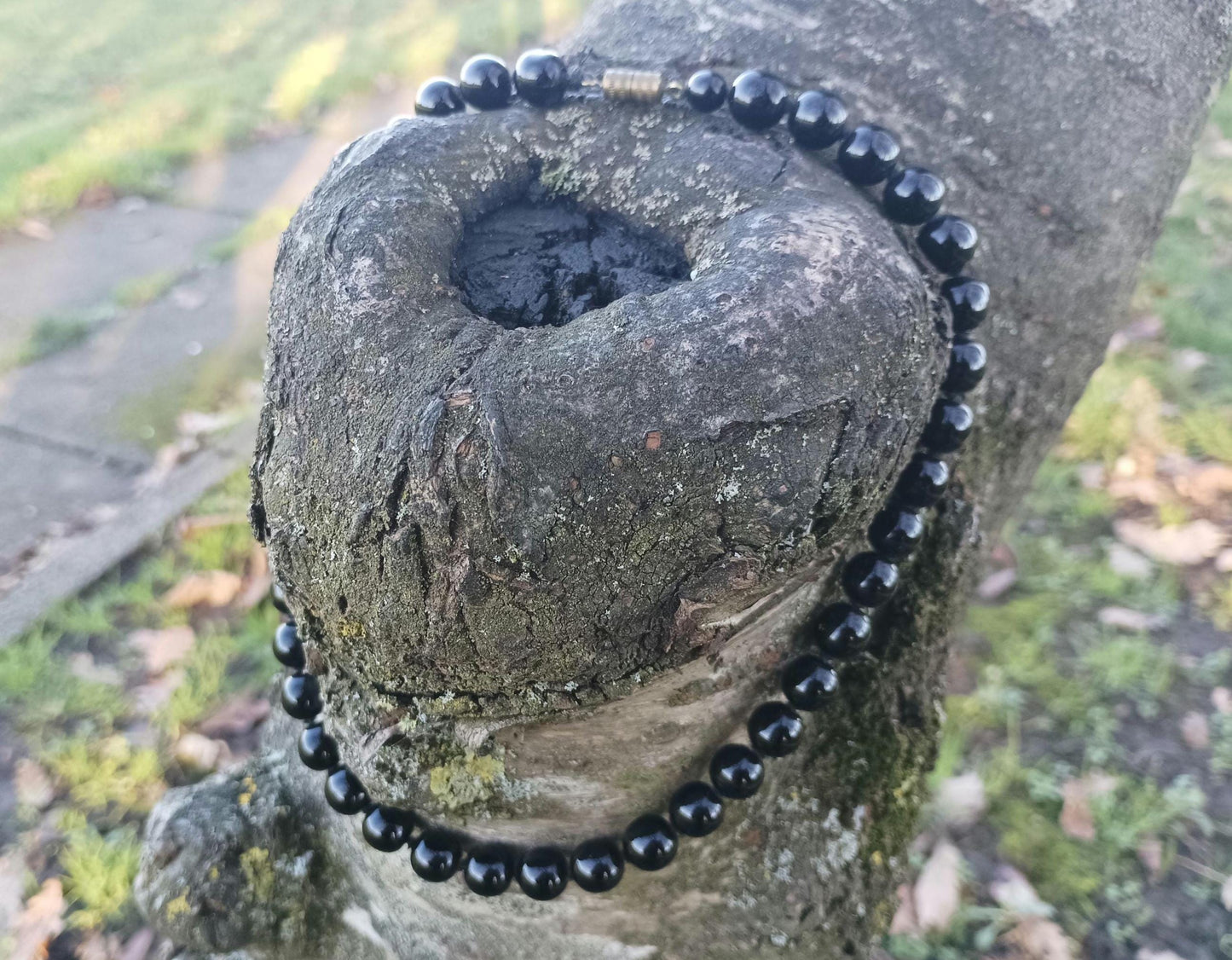 Antique 1930s Individually Knotted Black Jasper Bead Necklace