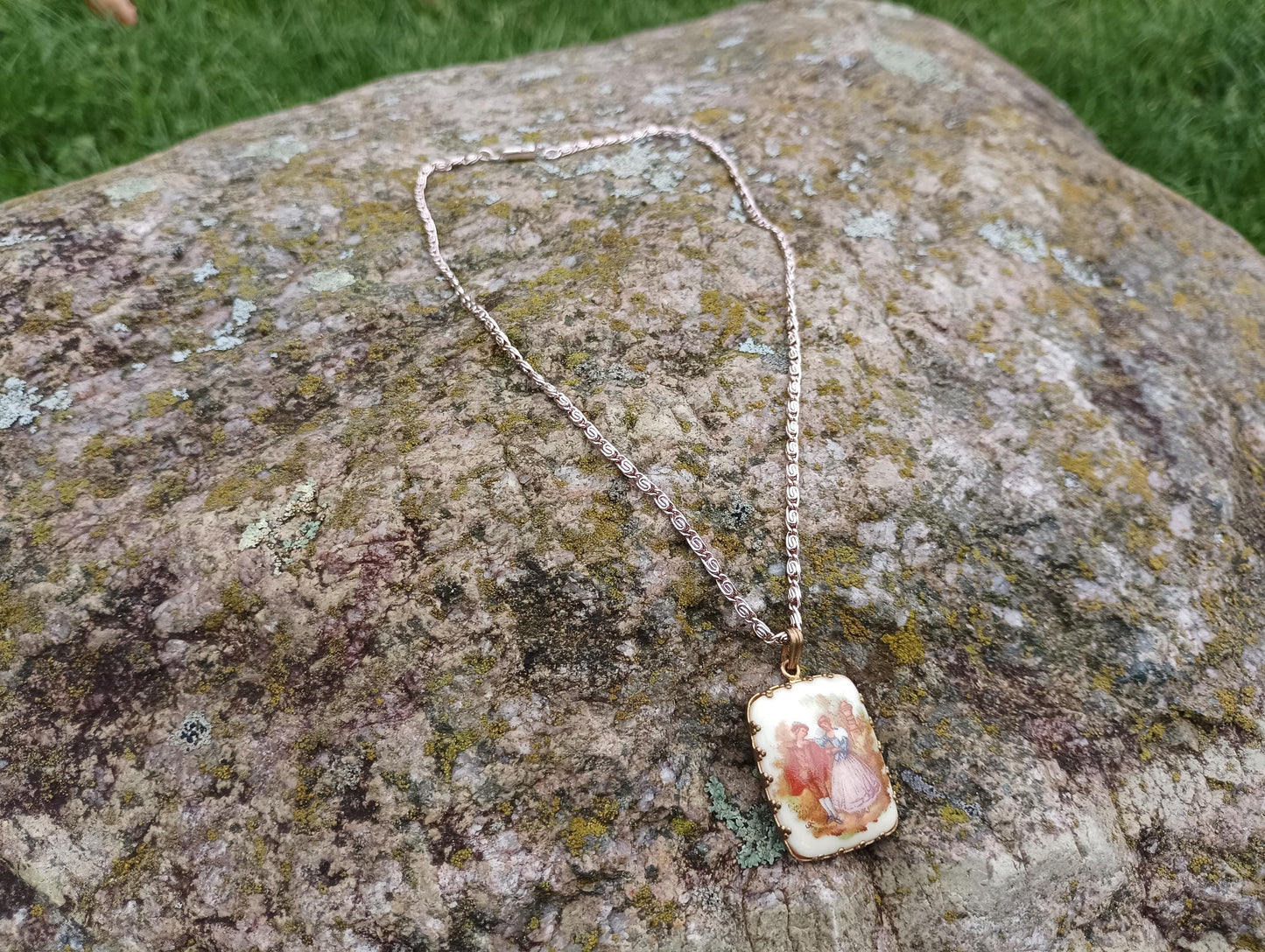 Vintage Limoges Porcelain Pendant Necklace: Rural Courting Couple