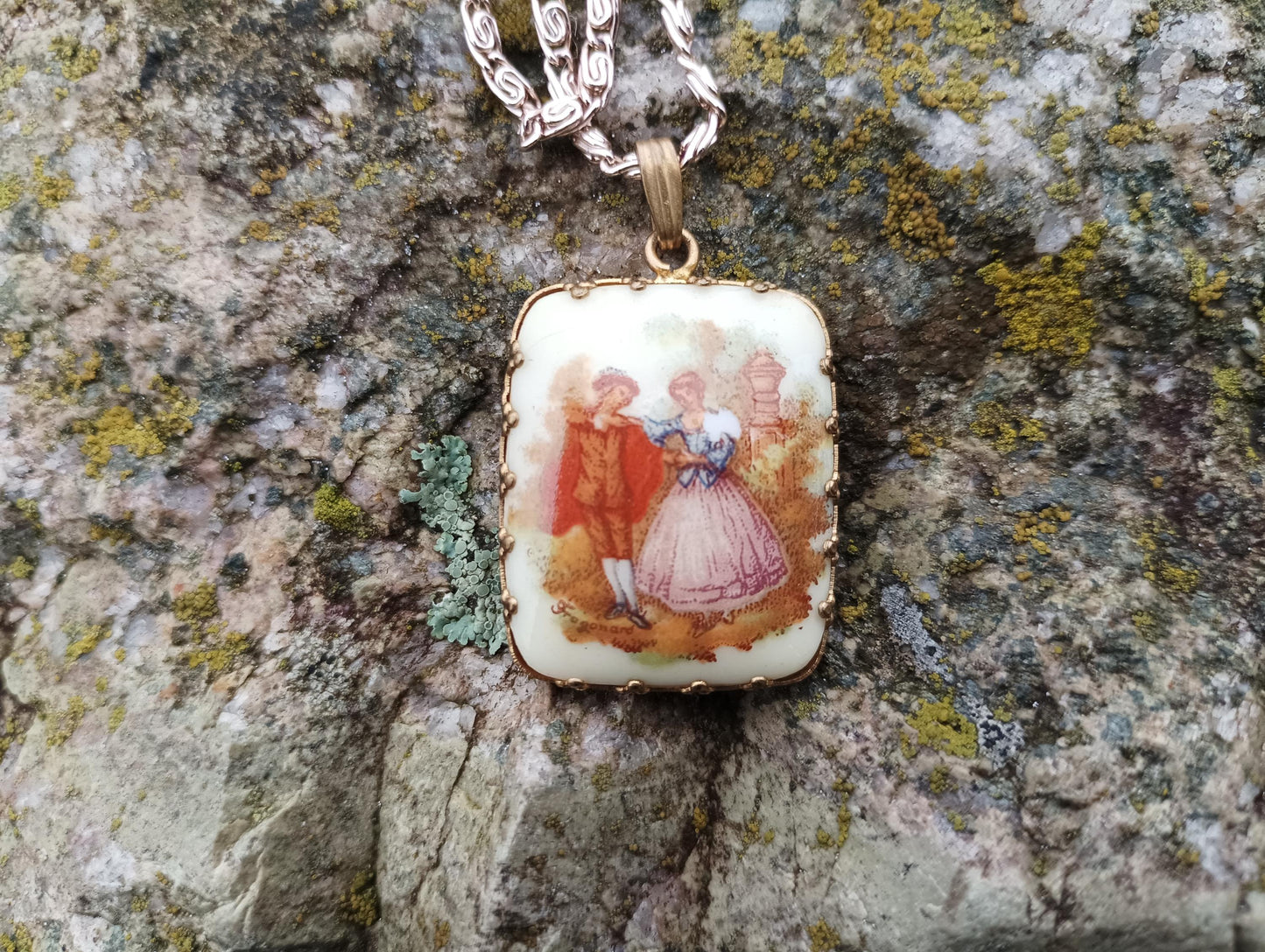 Vintage Limoges Porcelain Pendant Necklace: Rural Courting Couple