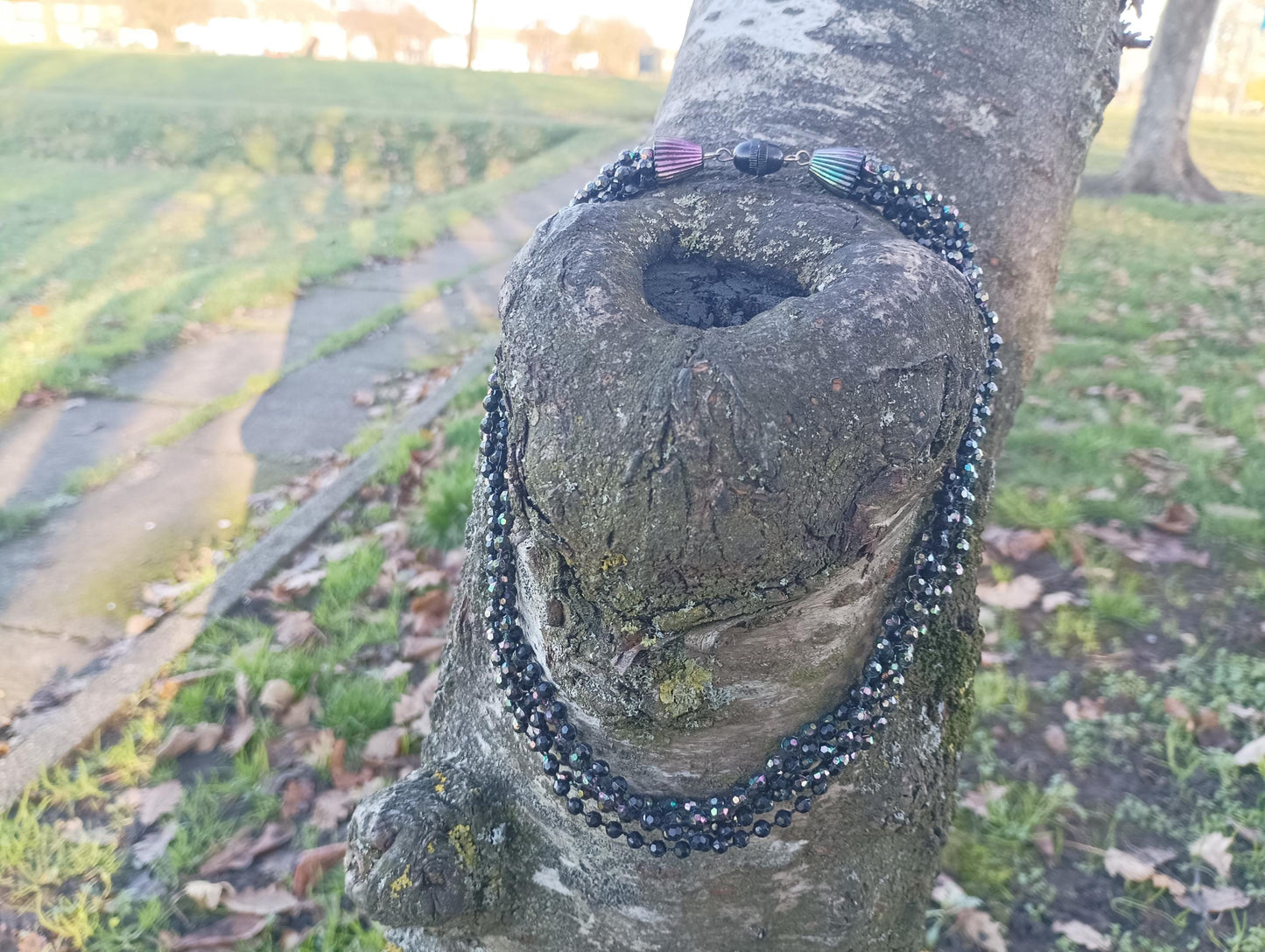 Vintage 1950s/1960s Black Plastic Multi Strand Bead Cocktail Necklace with Aurora Borealis Shimmer