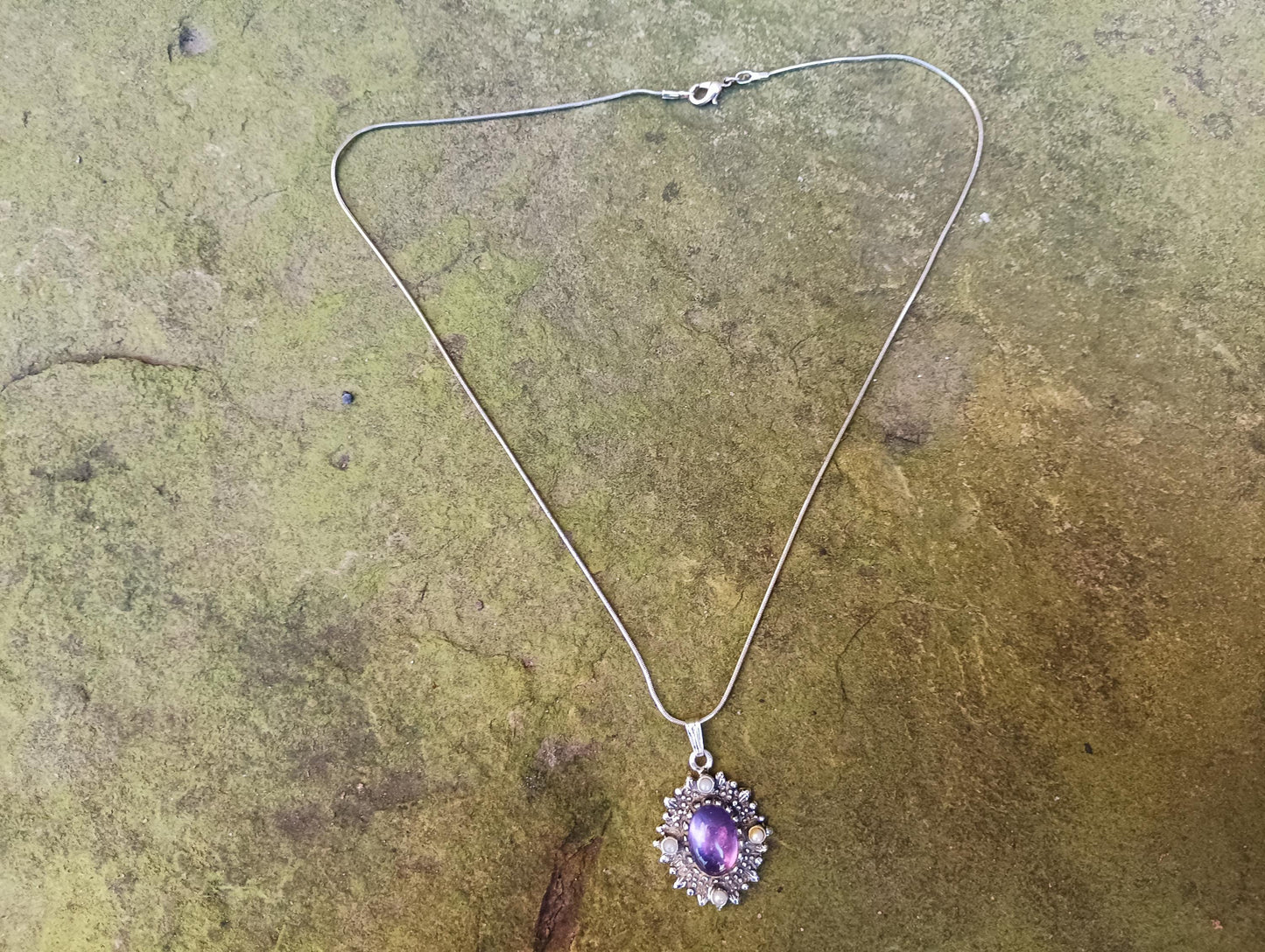 Vintage Sarah Coventry Faux Amethyst and Pearl Cabochon Necklace Pendant in Silver Tone Setting