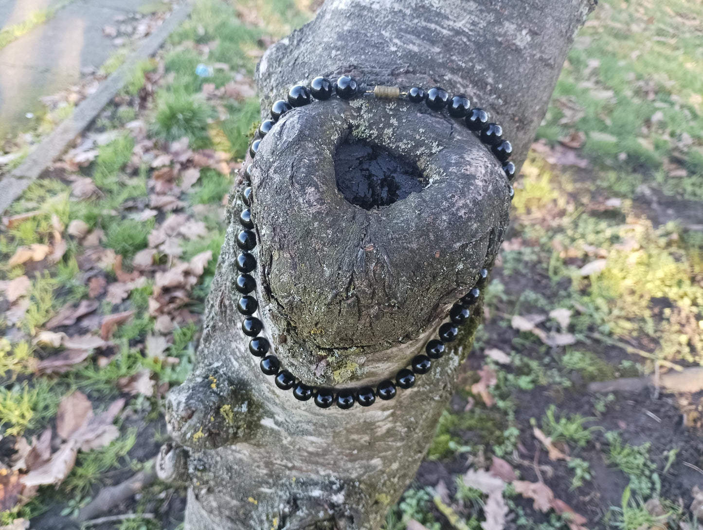Antique 1930s Individually Knotted Black Jasper Bead Necklace