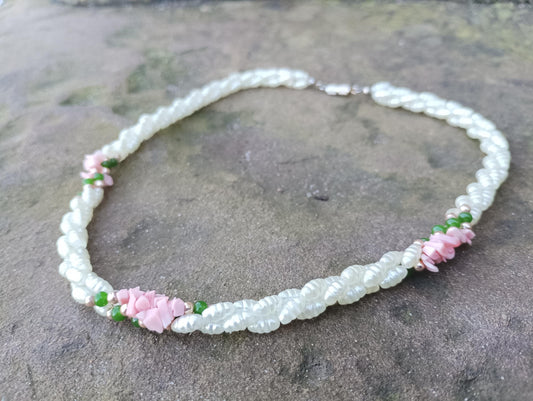 Vintage Simulated Pearl Choker Necklace with Faux Jade, Coral and Gold Beads