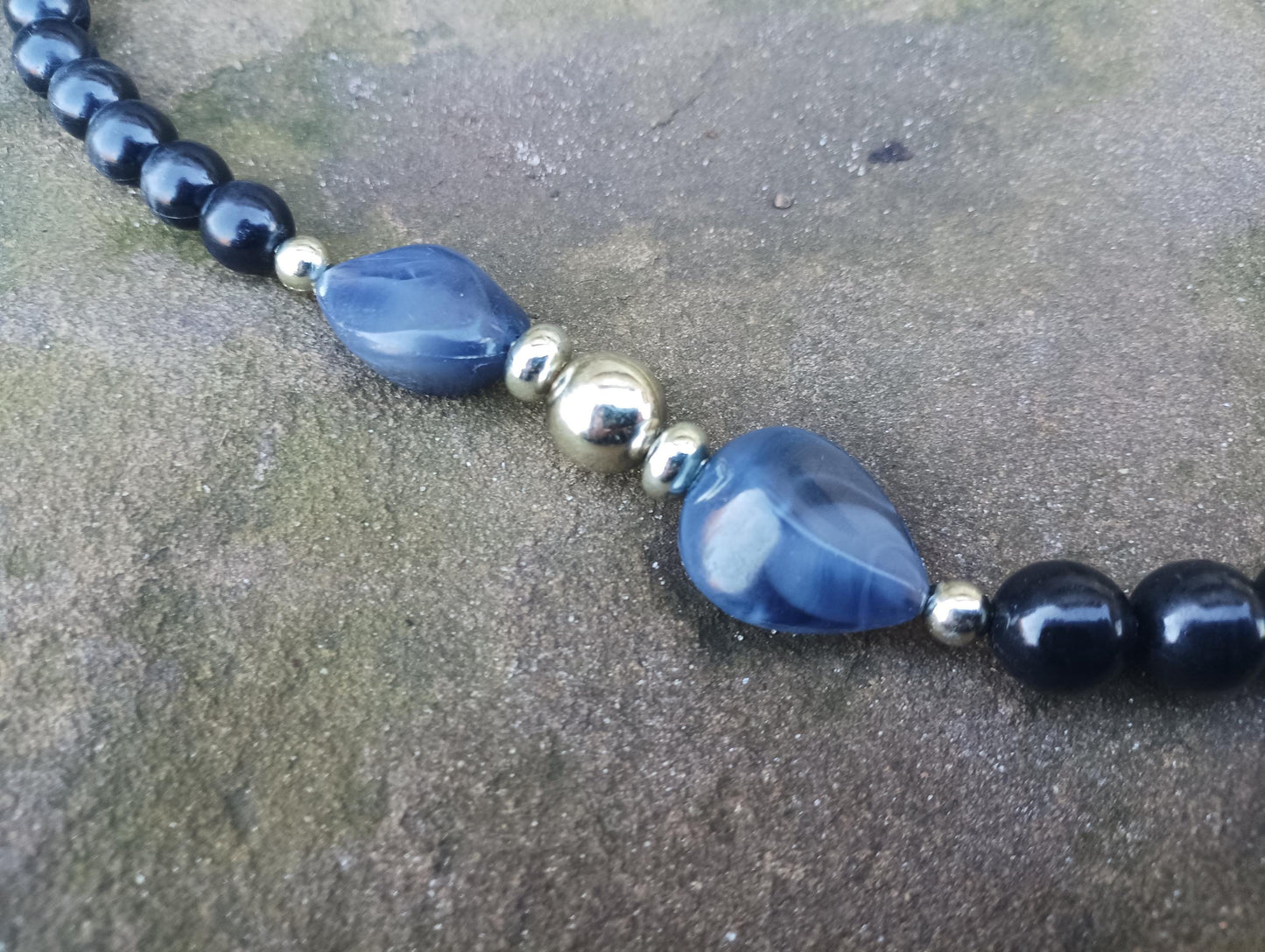 Vintage 1970s Black and Grey Plastic Chunky Statement Bead Necklace