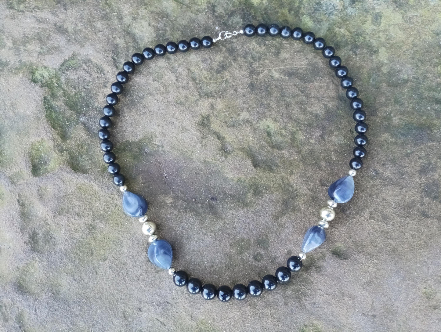 Vintage 1970s Black and Grey Plastic Chunky Statement Bead Necklace