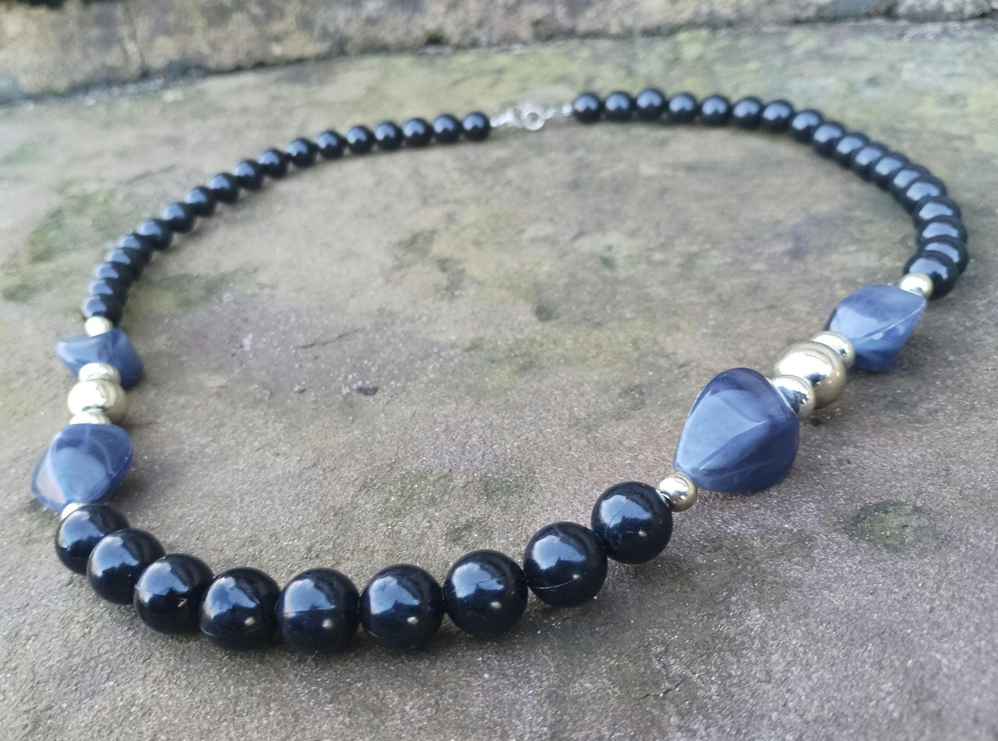 Vintage 1970s Black and Grey Plastic Chunky Statement Bead Necklace