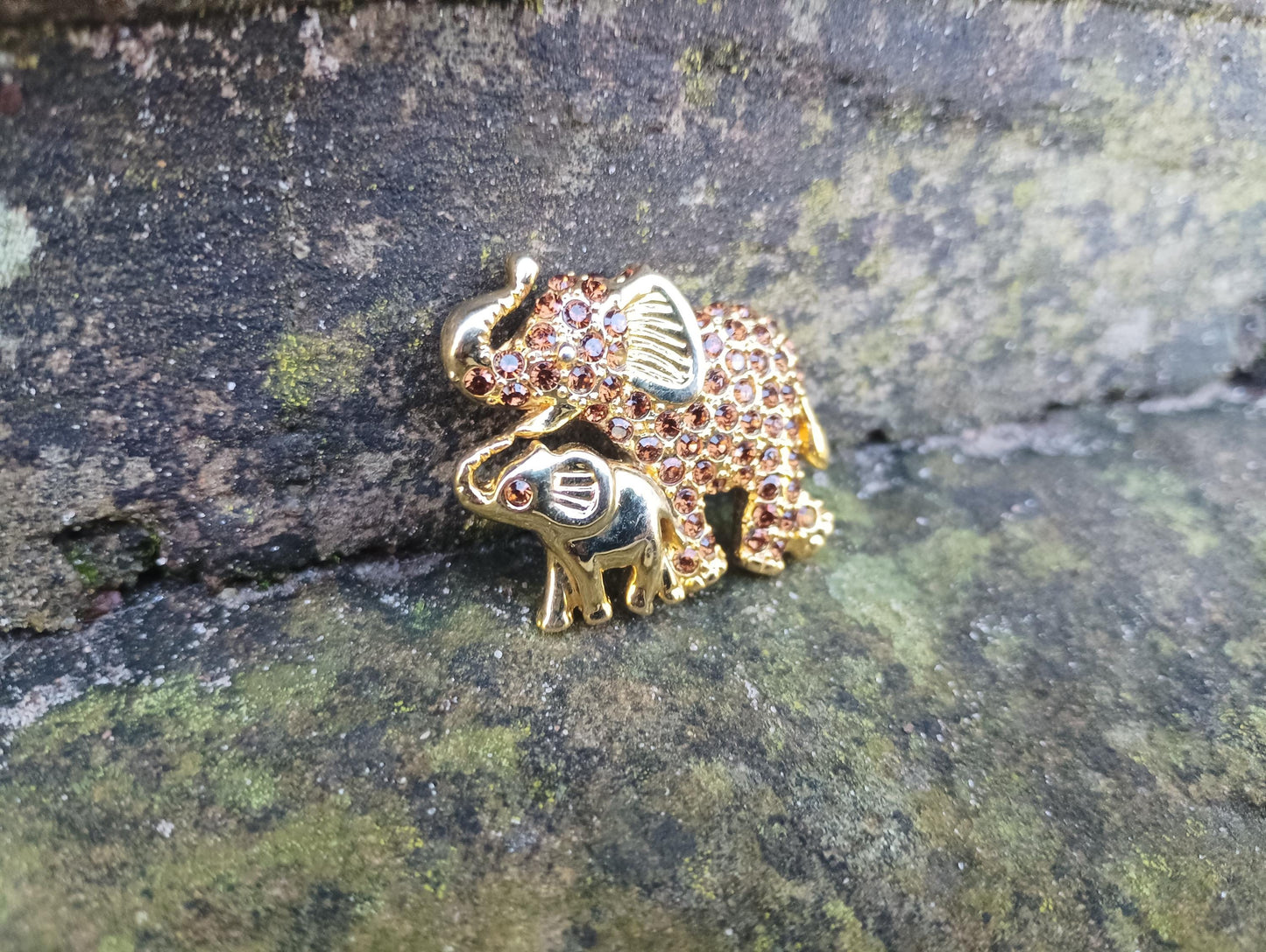 Vintage Gold Plated Elephant Pin with Amber Crystals