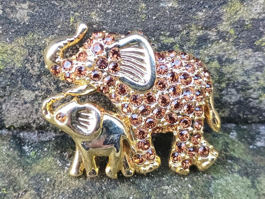 Vintage Gold Plated Elephant Pin with Amber Crystals