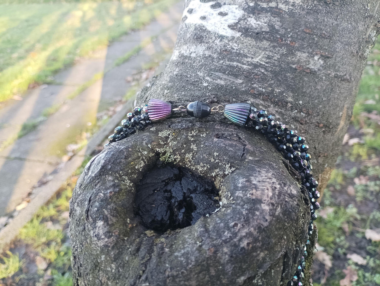 Vintage 1950s/1960s Black Plastic Multi Strand Bead Cocktail Necklace with Aurora Borealis Shimmer
