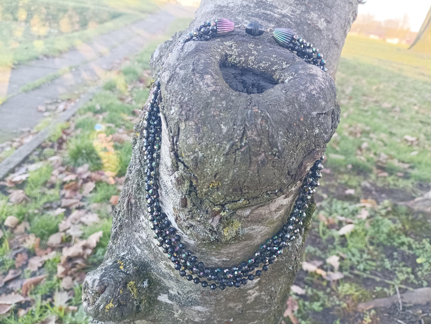 Vintage 1950s/1960s Black Plastic Multi Strand Bead Cocktail Necklace with Aurora Borealis Shimmer