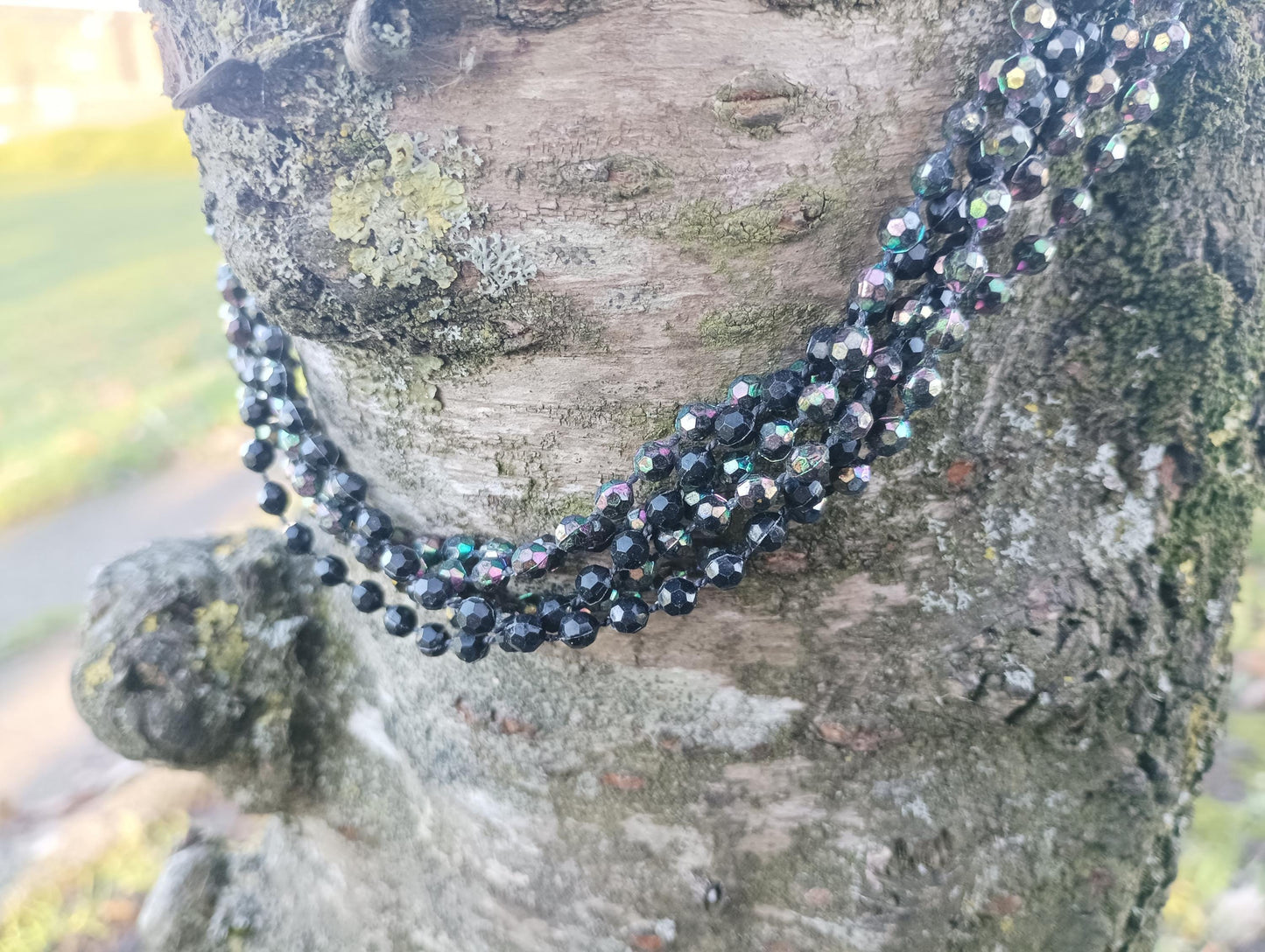 Vintage 1950s/1960s Black Plastic Multi Strand Bead Cocktail Necklace with Aurora Borealis Shimmer