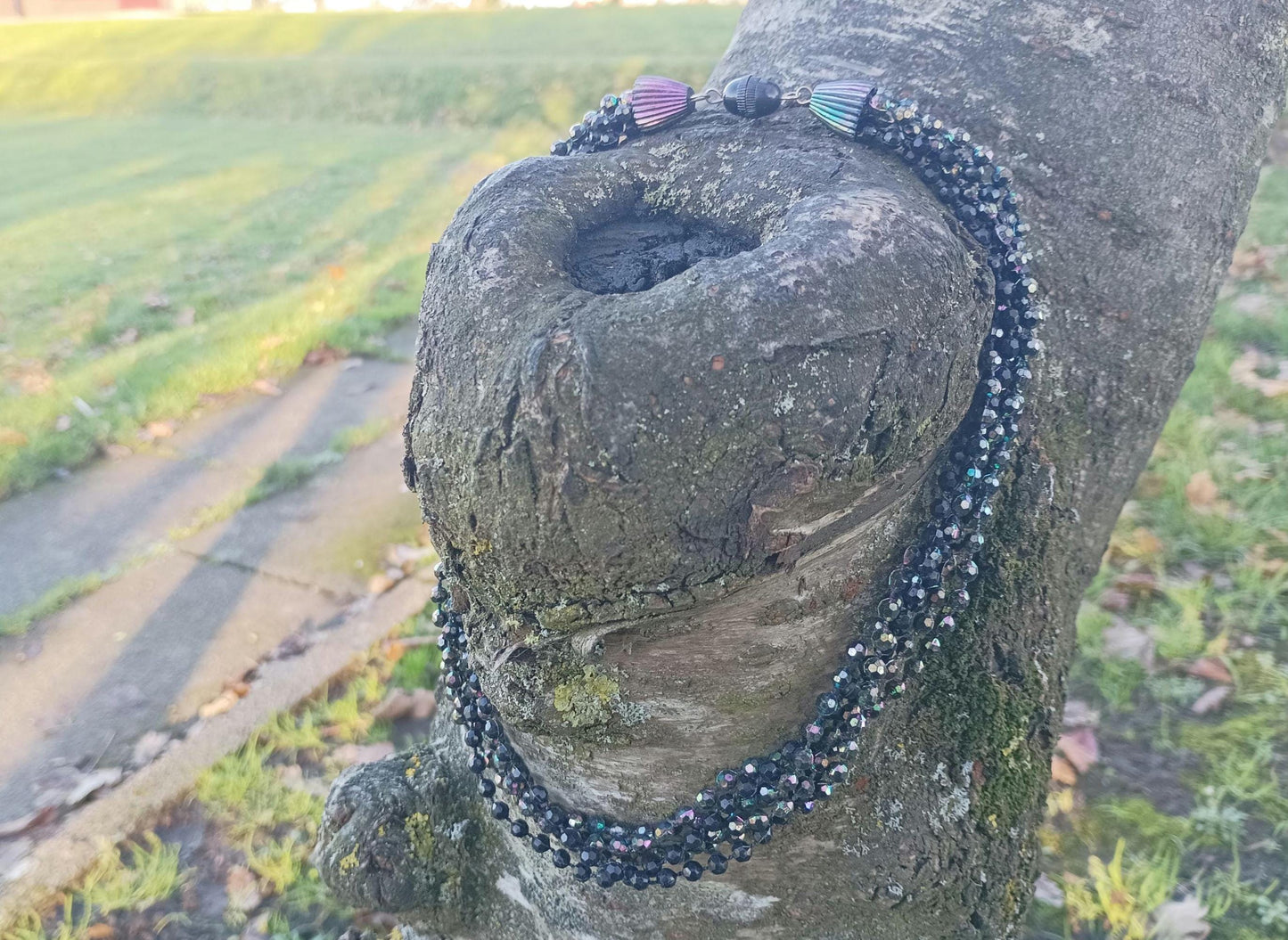 Vintage 1950s/1960s Black Plastic Multi Strand Bead Cocktail Necklace with Aurora Borealis Shimmer