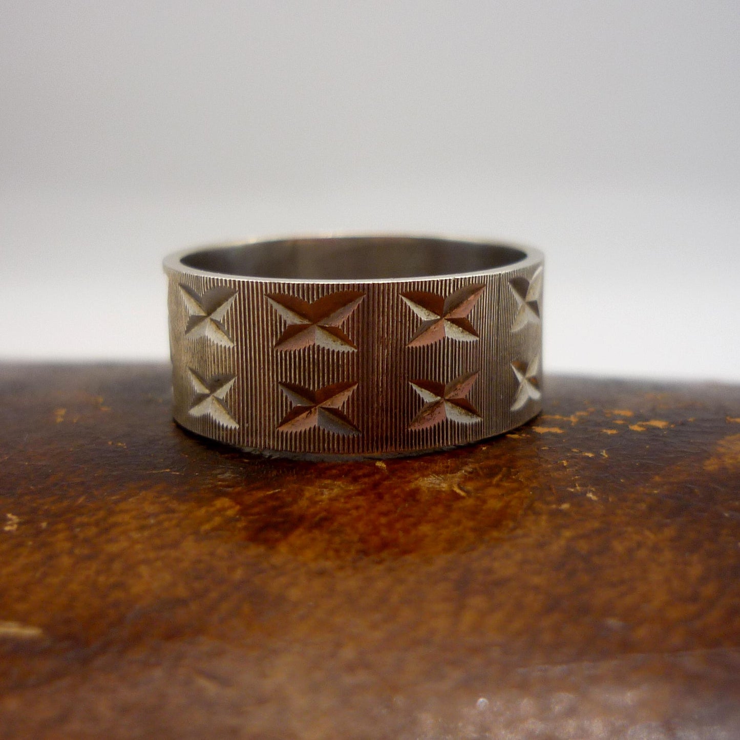 Vintage Silver Ring with Double X Pattern, Wide Sterling Band Size 6