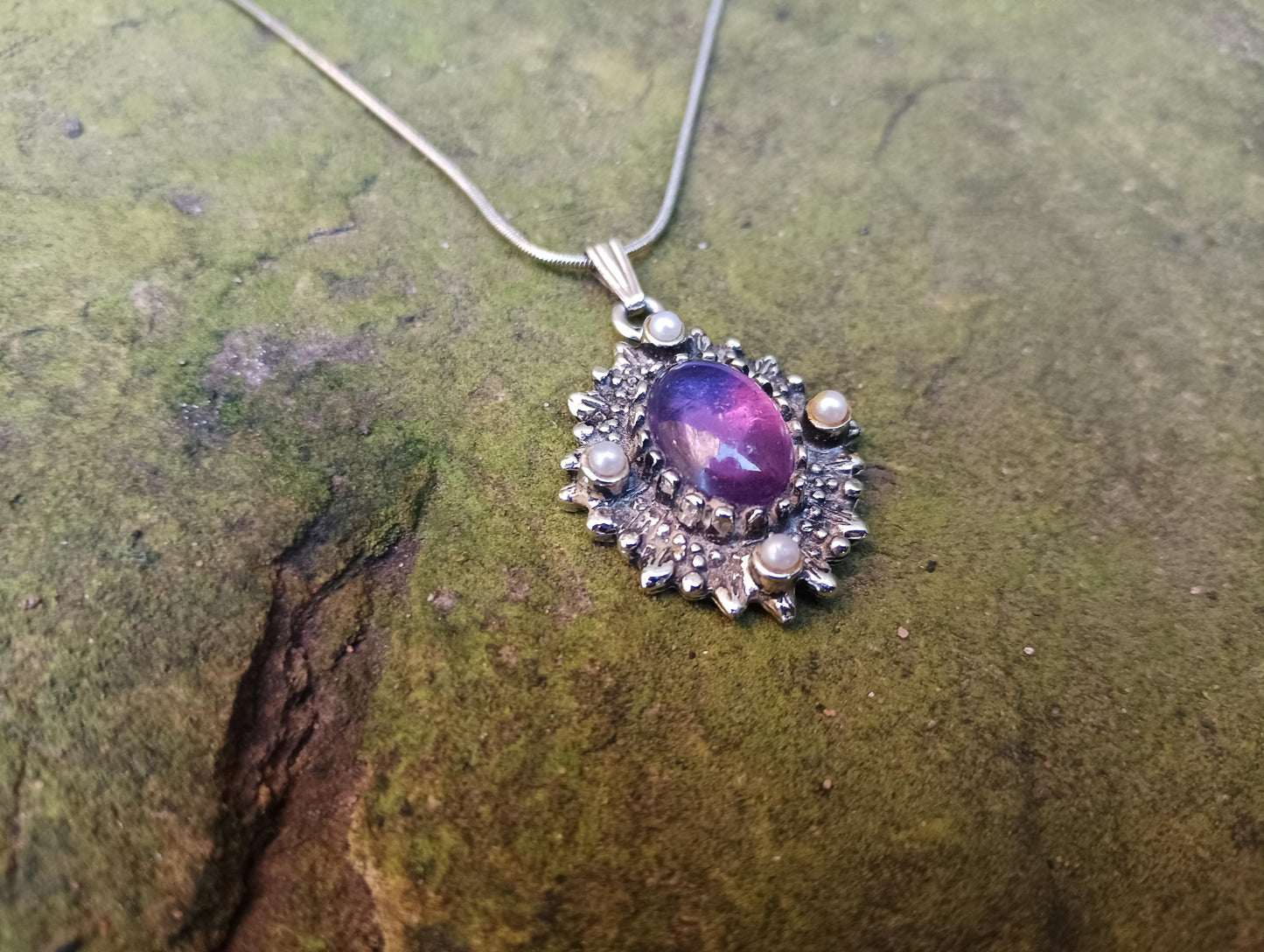 Vintage Sarah Coventry Faux Amethyst and Pearl Cabochon Necklace Pendant in Silver Tone Setting