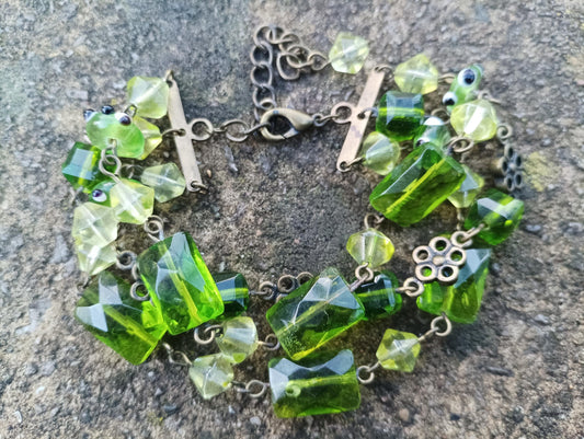 Vintage Three Strand Beaded Bracelet with Faux Peridot Glass Stones