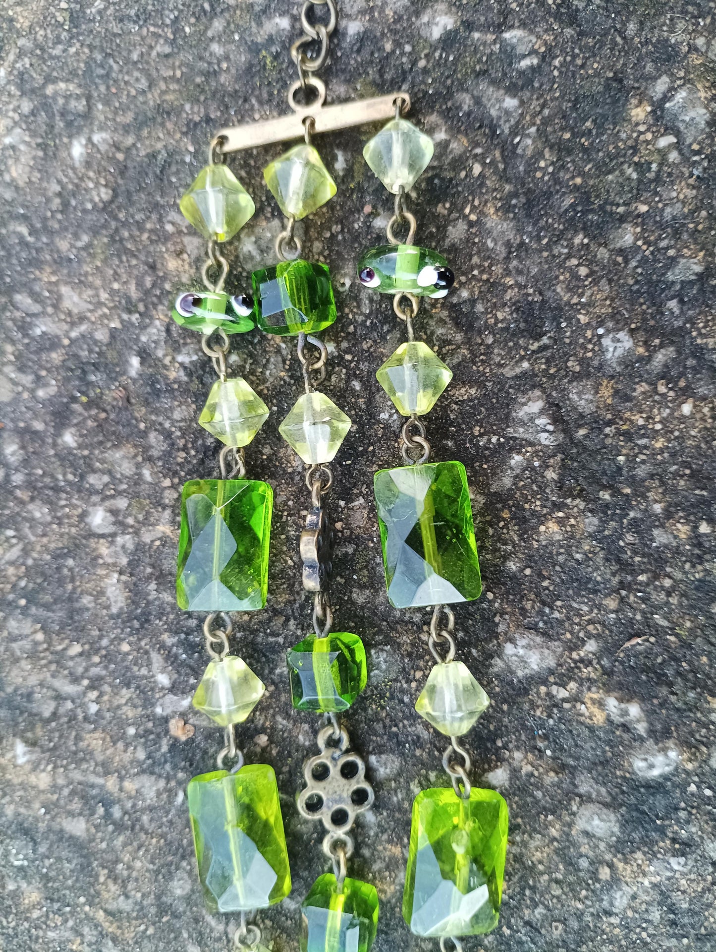 Vintage Three Strand Beaded Bracelet with Faux Peridot Glass Stones