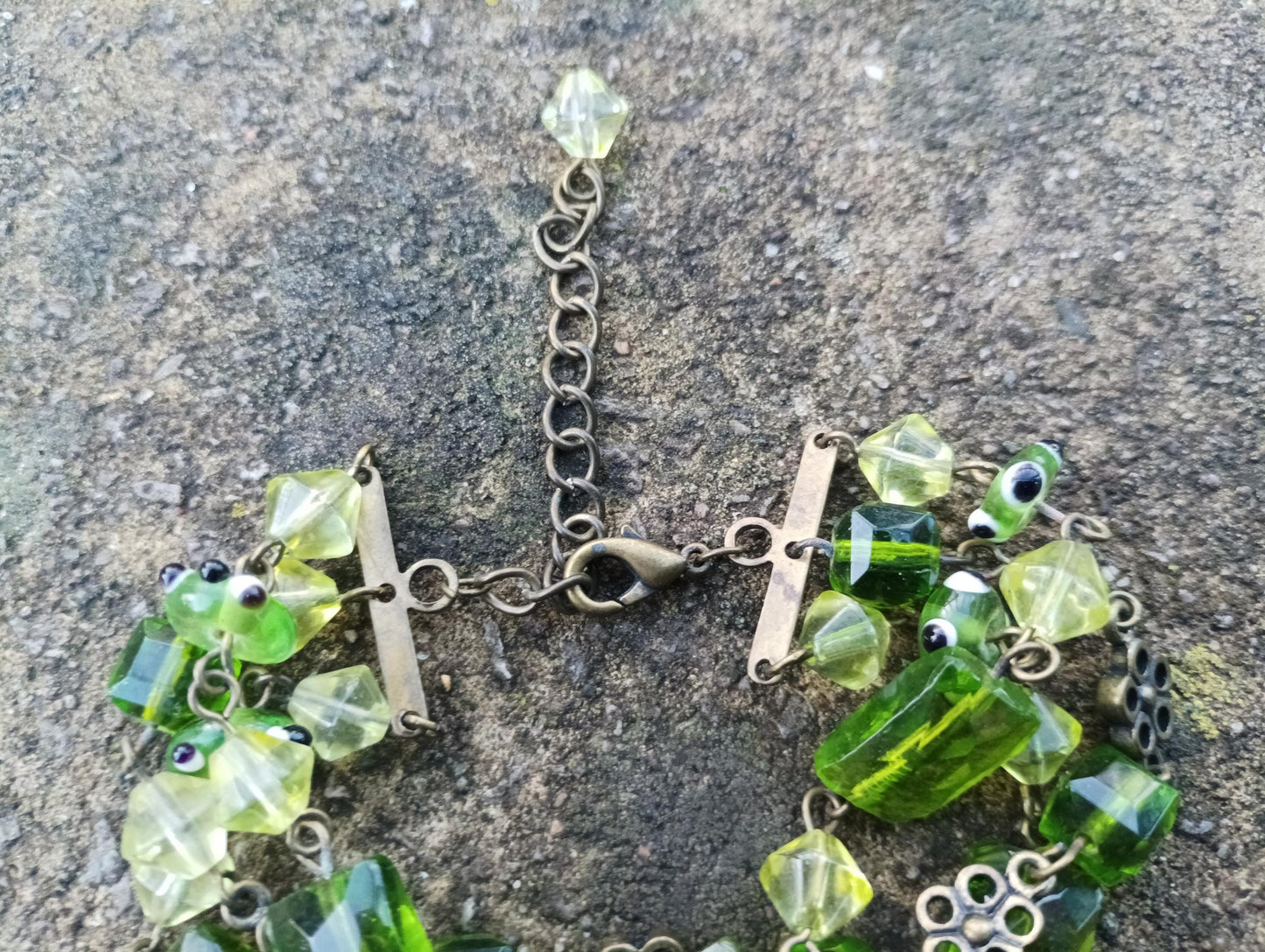 Vintage Three Strand Beaded Bracelet with Faux Peridot Glass Stones