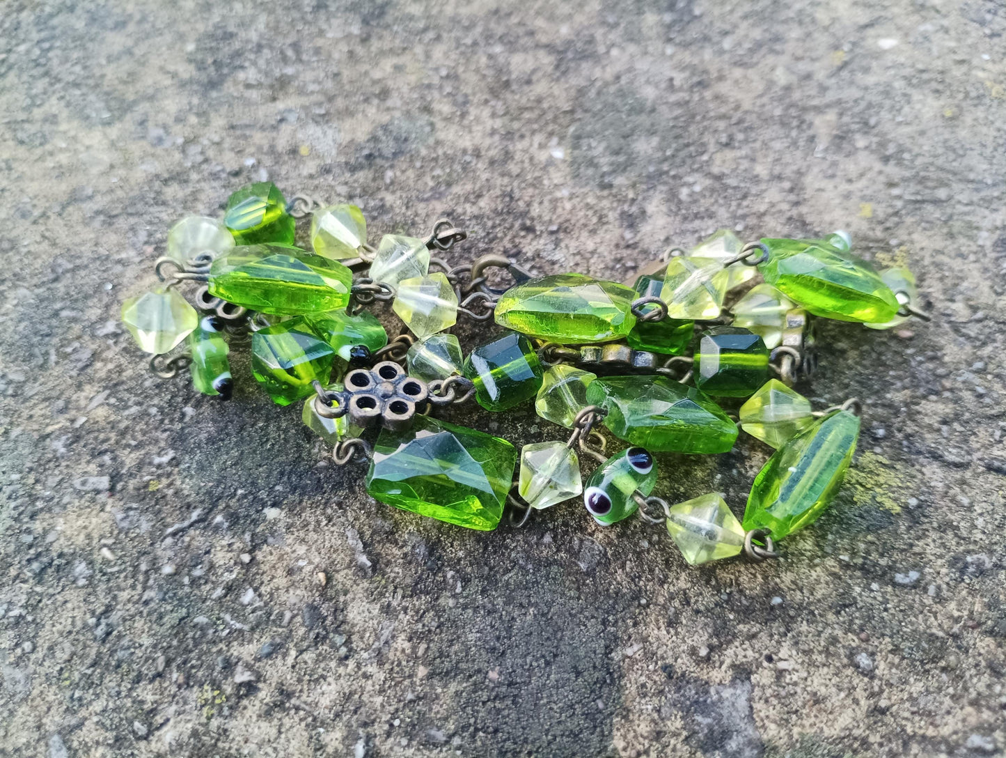 Vintage Three Strand Beaded Bracelet with Faux Peridot Glass Stones