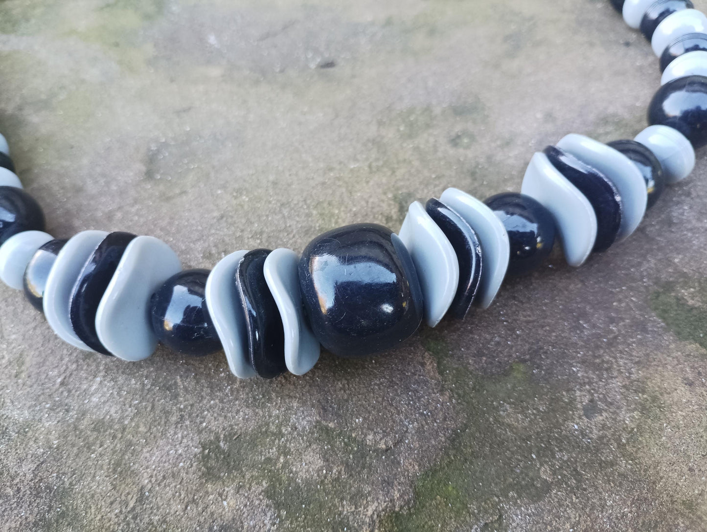 Vintage 1970s Black and Grey Plastic Chunky Statement Bead Necklace