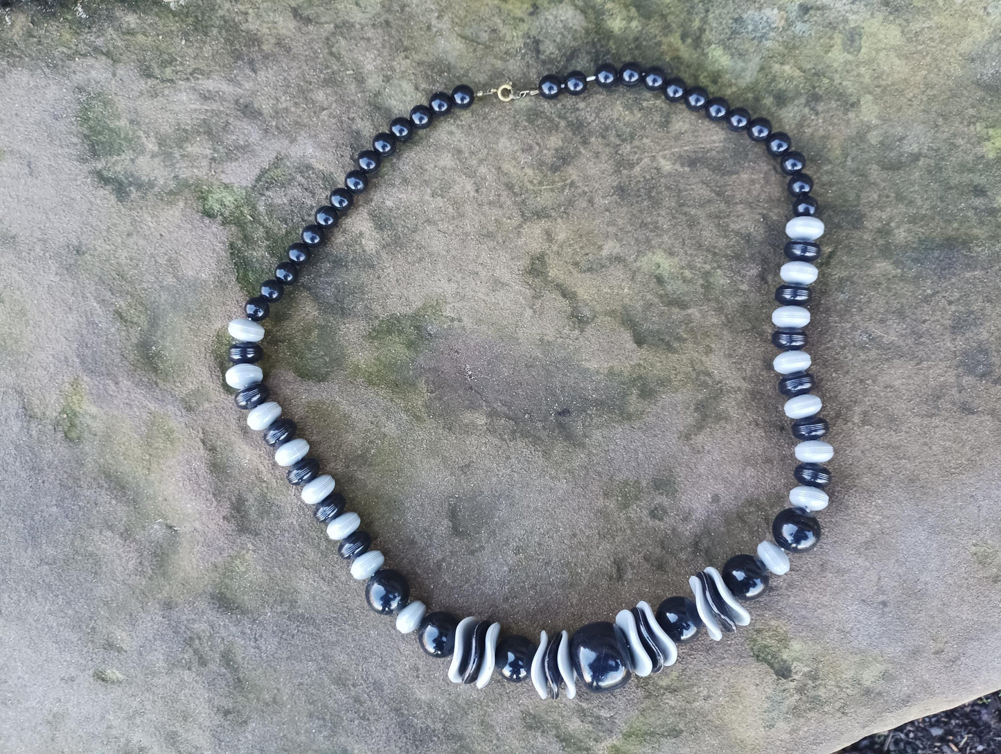 Vintage 1970s Black and Grey Plastic Chunky Statement Bead Necklace