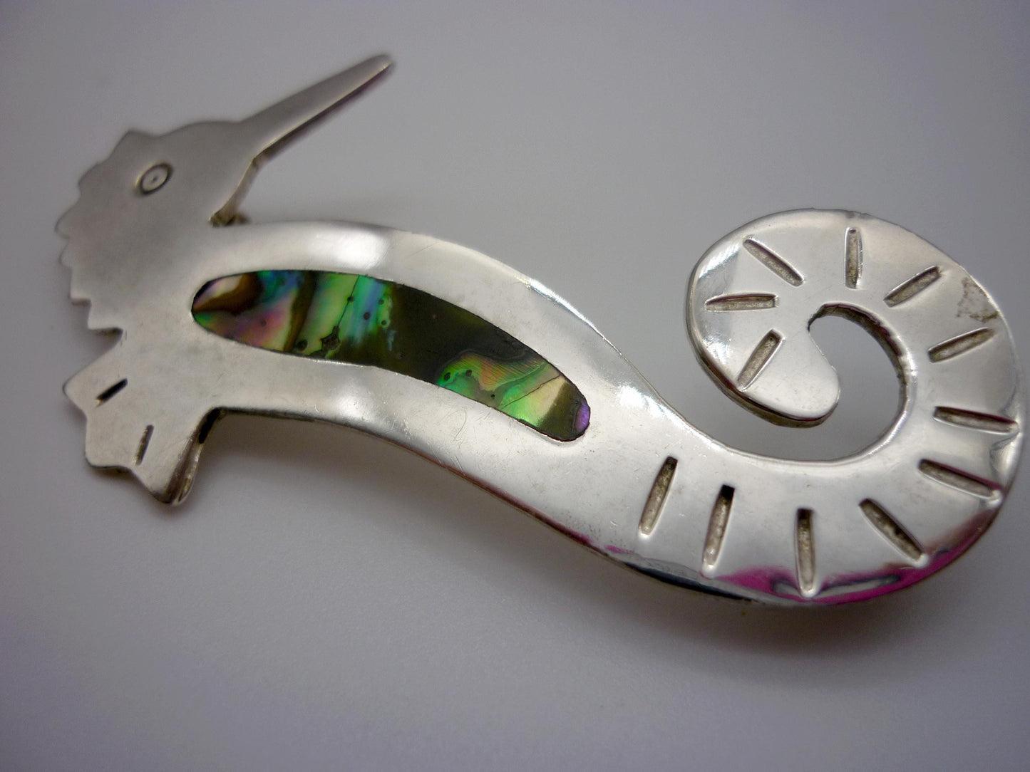 Vintage Abalone & Alpaca Silver Seahorse Brooch