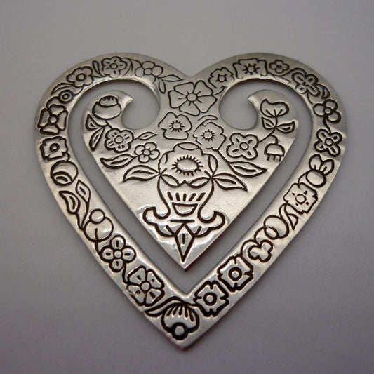 Vintage Sterling Silver Heart Bookmark, Embossed Victorian Style Floral Pattern