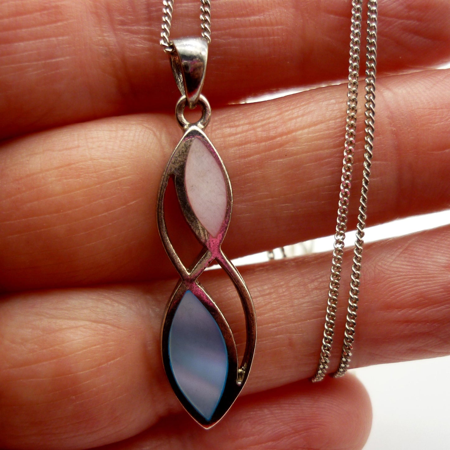 Vintage Silver Pink & Blue Mother of Pearl Pendant on 925 Chain