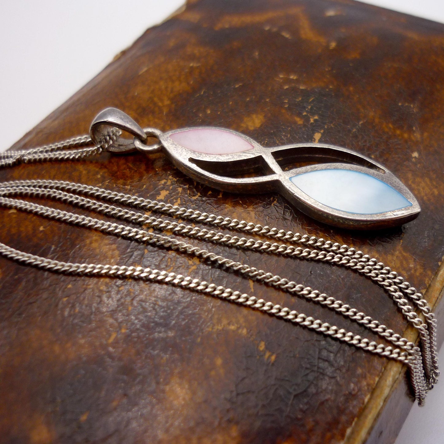 Vintage Silver Pink & Blue Mother of Pearl Pendant on 925 Chain