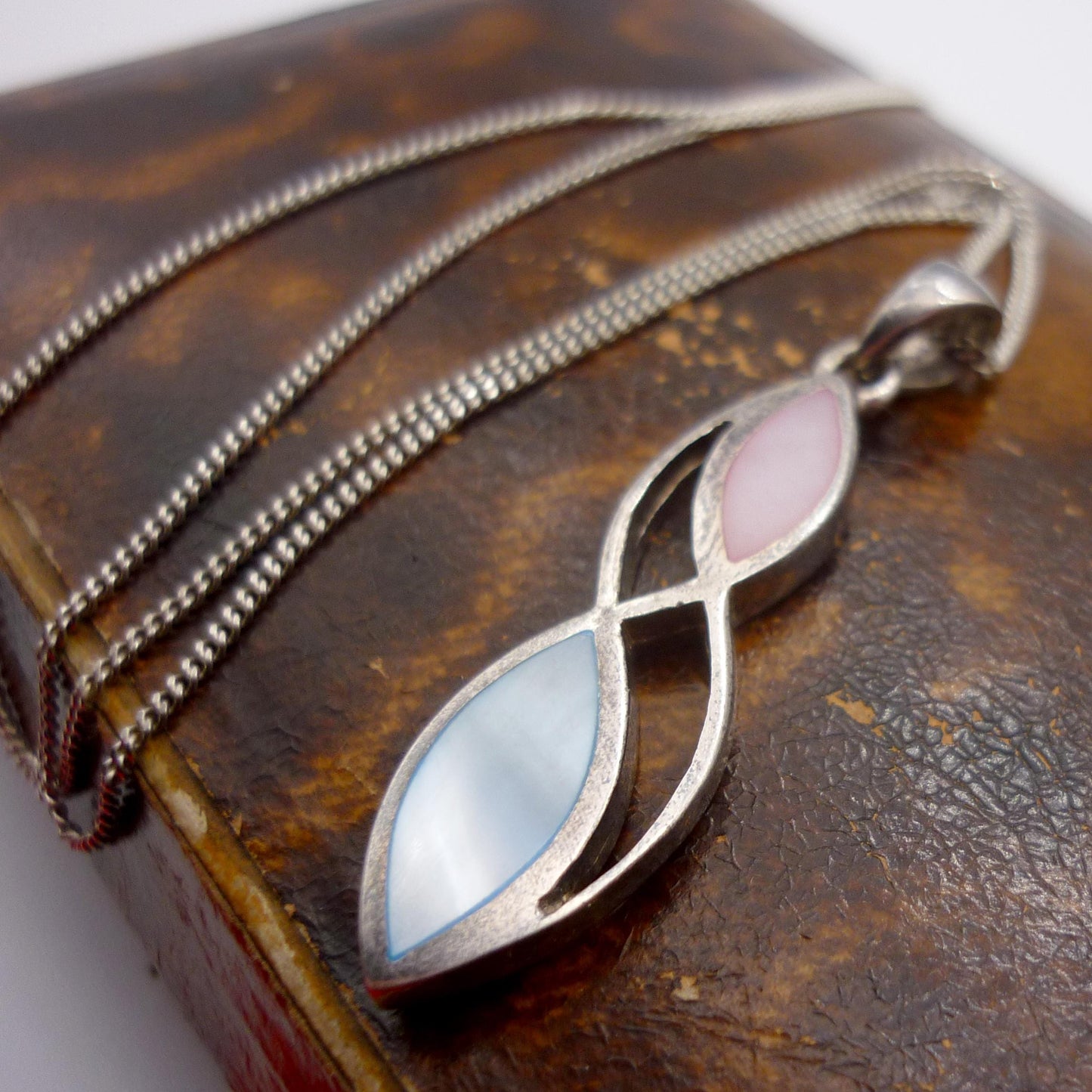 Vintage Silver Pink & Blue Mother of Pearl Pendant on 925 Chain