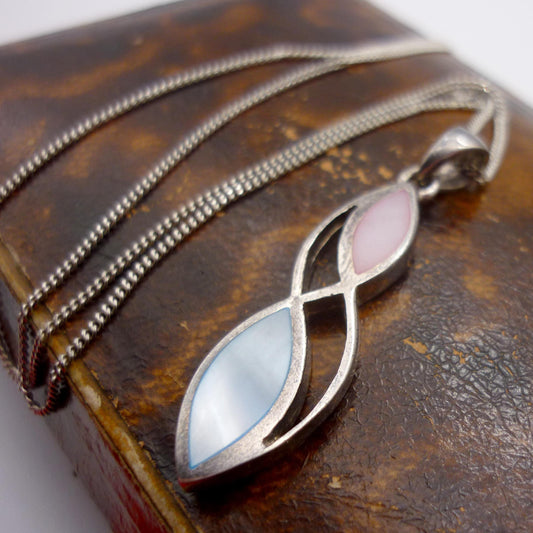Vintage Silver Pink & Blue Mother of Pearl Pendant on 925 Chain