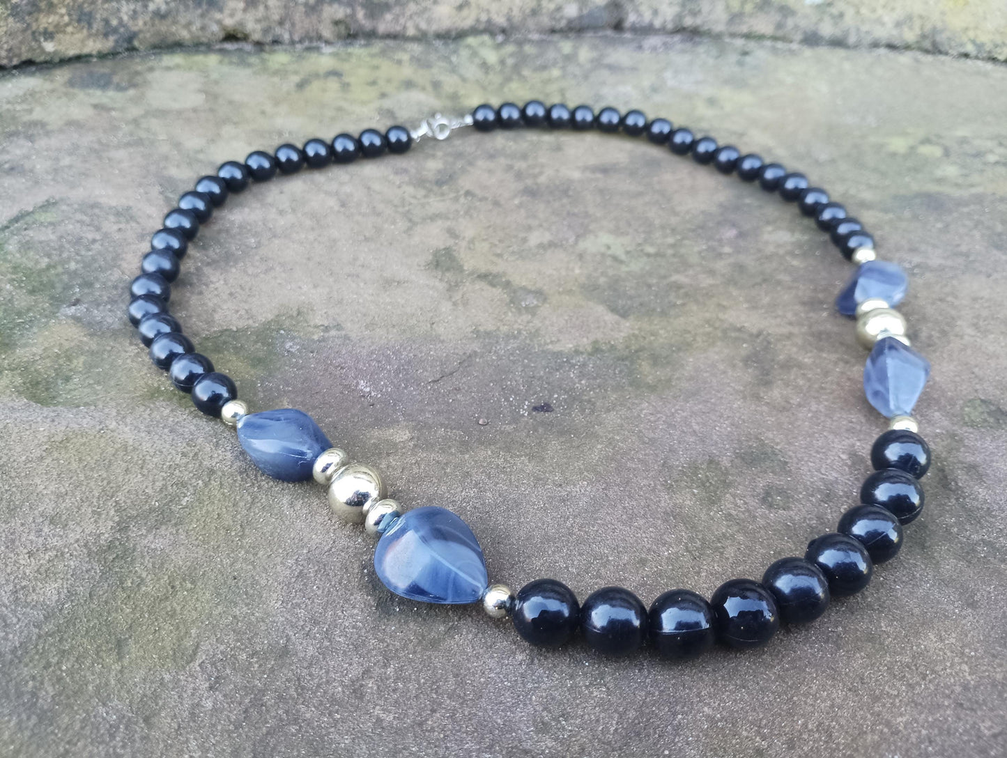 Vintage 1970s Black and Grey Plastic Chunky Statement Bead Necklace