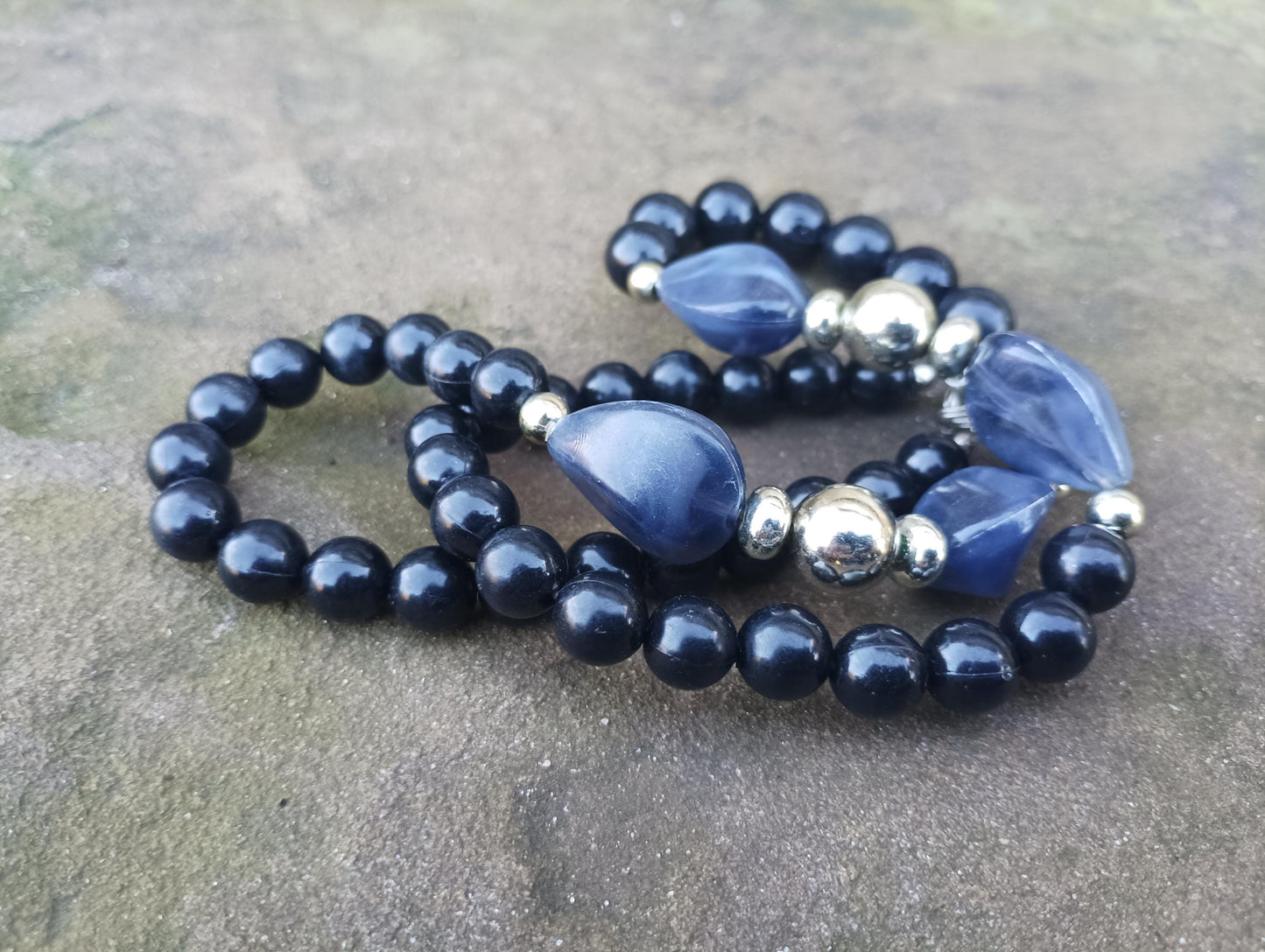 Vintage 1970s Black and Grey Plastic Chunky Statement Bead Necklace