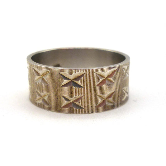 Vintage Silver Ring with Double X Pattern, Wide Sterling Band Size 6
