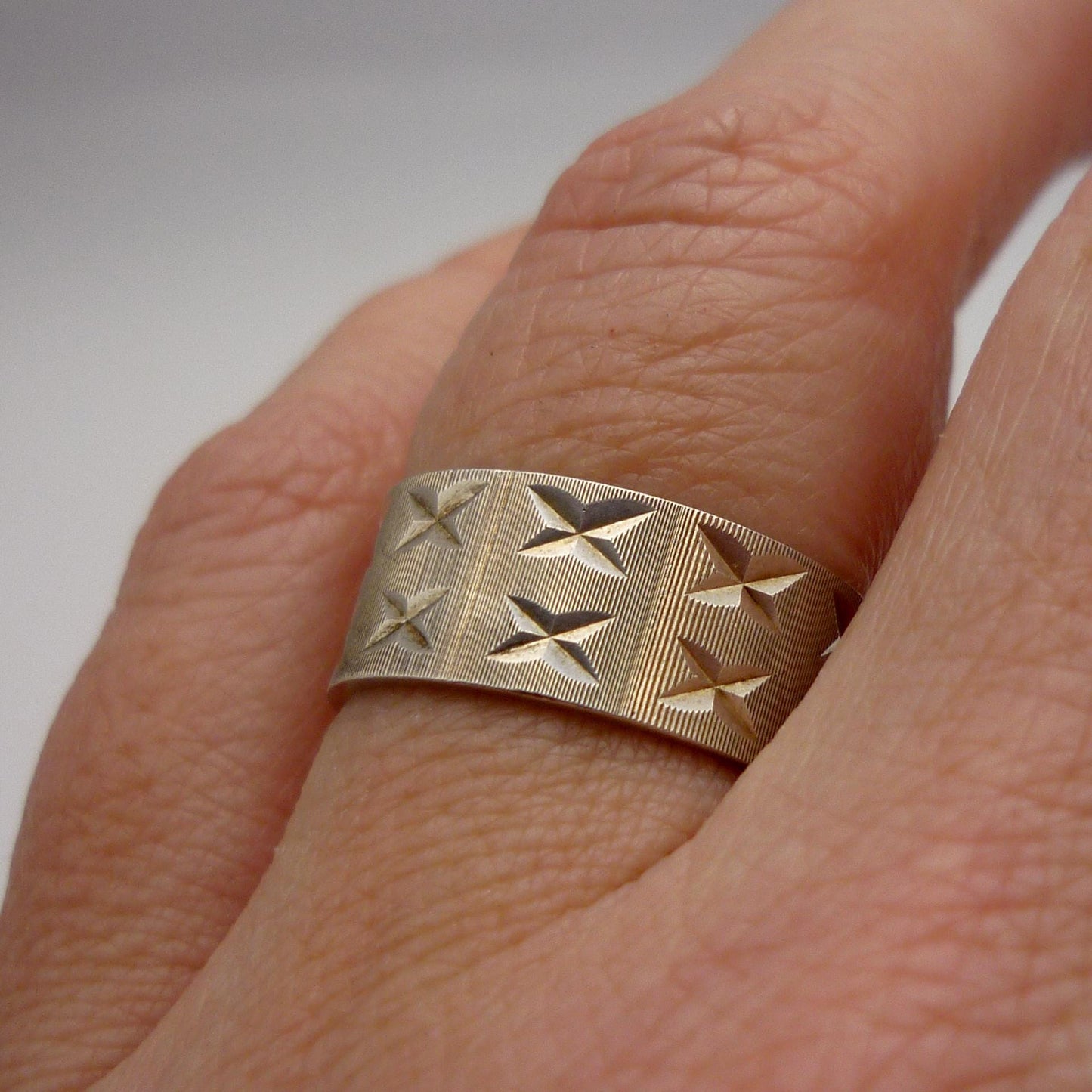 Vintage Silver Ring with Double X Pattern, Wide Sterling Band Size 6