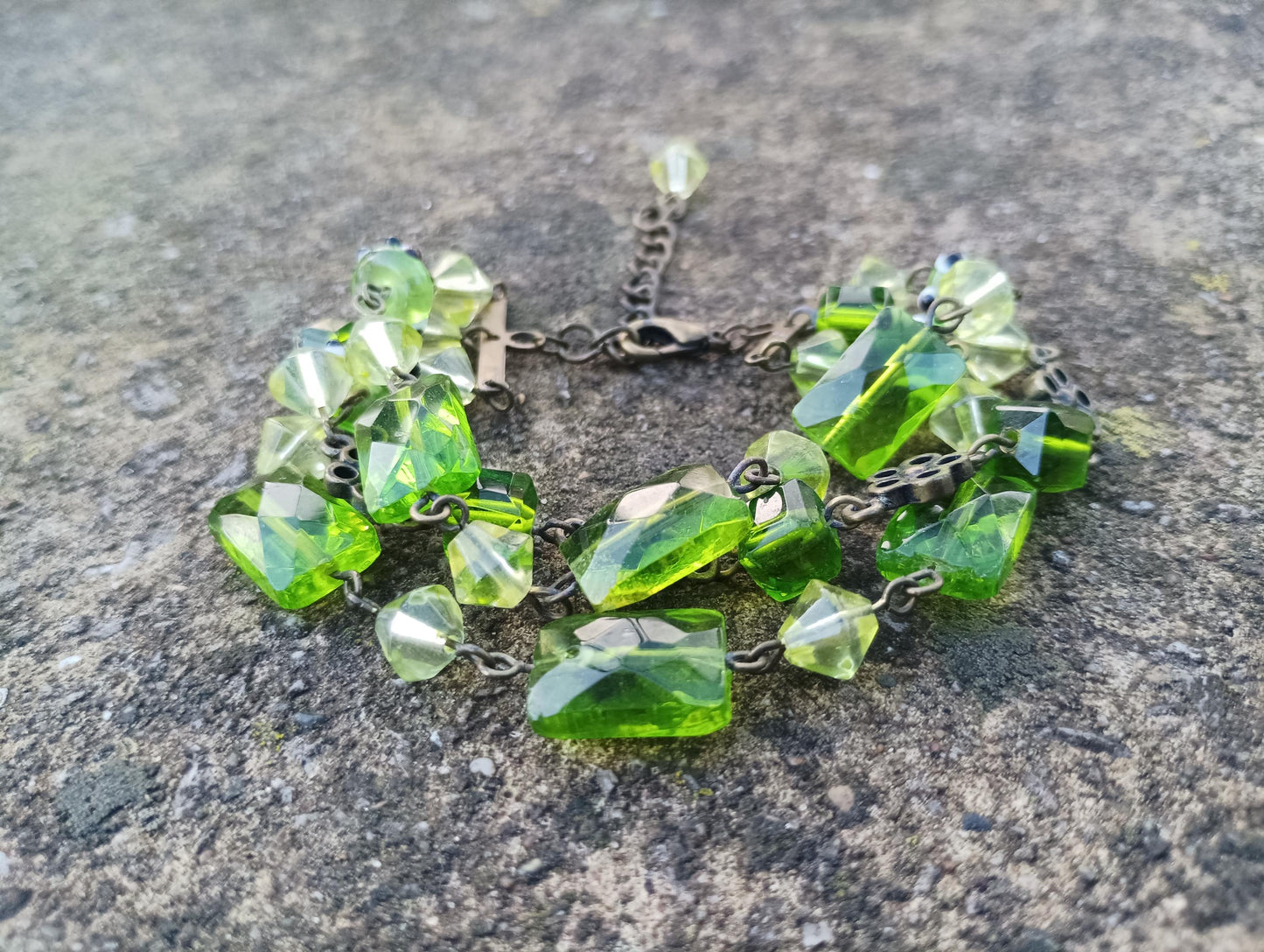 Vintage Three Strand Beaded Bracelet with Faux Peridot Glass Stones