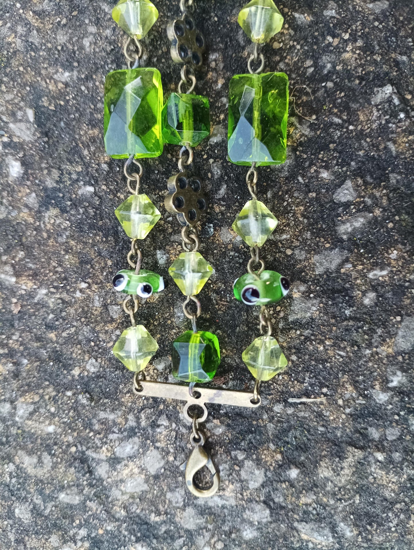 Vintage Three Strand Beaded Bracelet with Faux Peridot Glass Stones