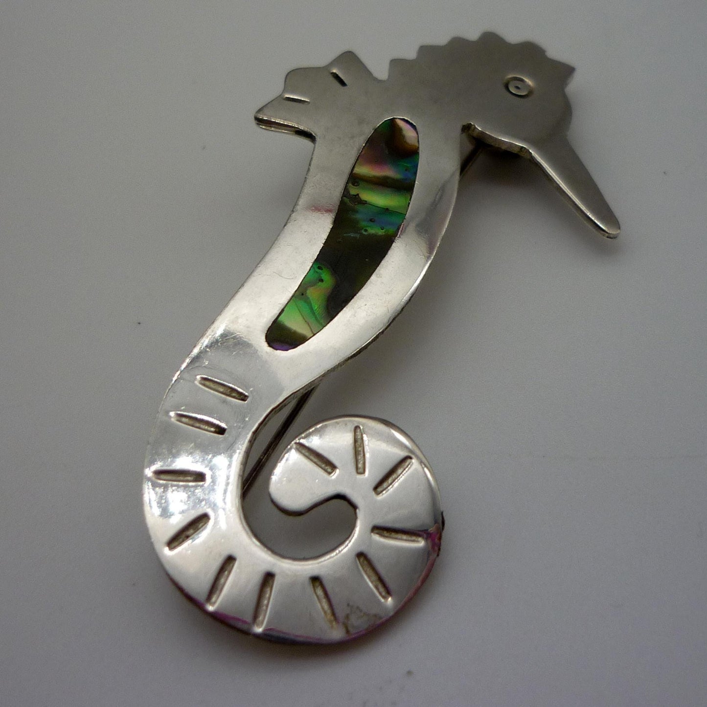 Vintage Abalone & Alpaca Silver Seahorse Brooch