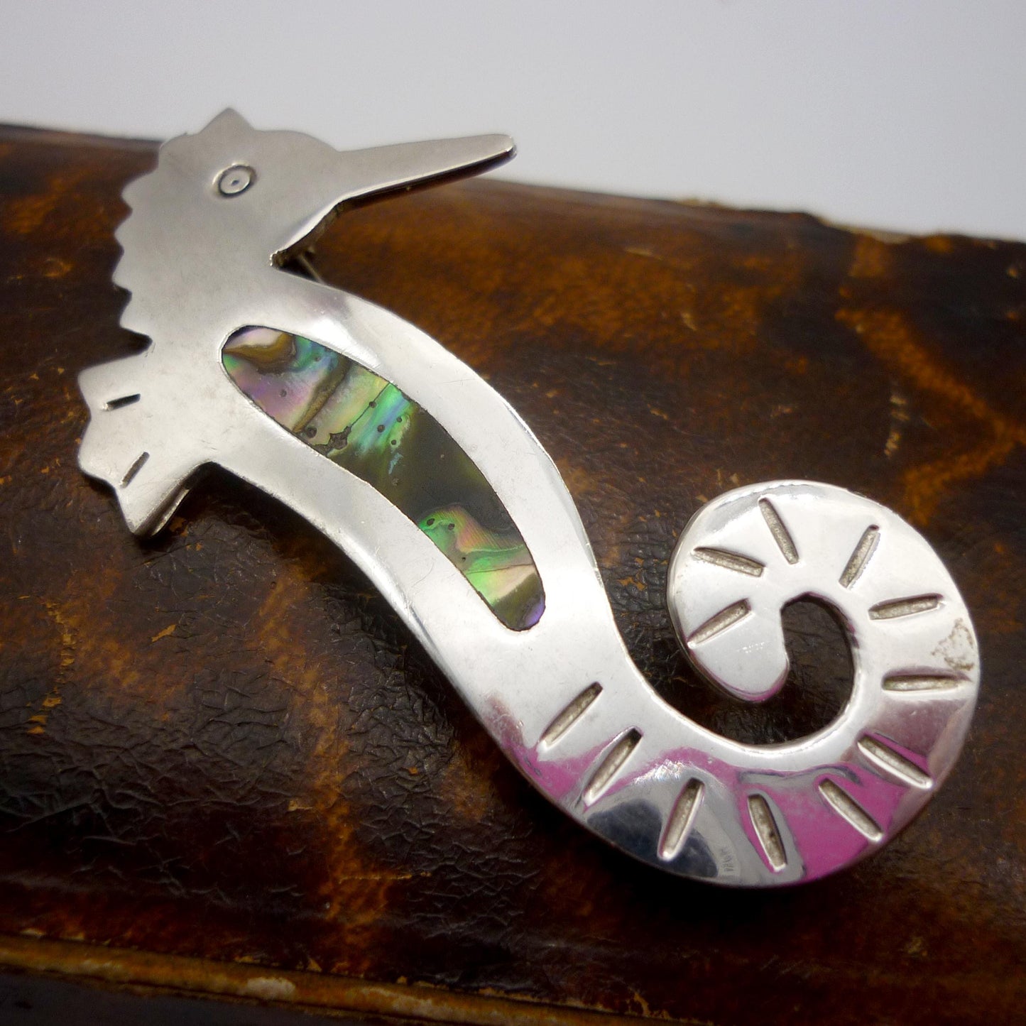 Vintage Abalone & Alpaca Silver Seahorse Brooch