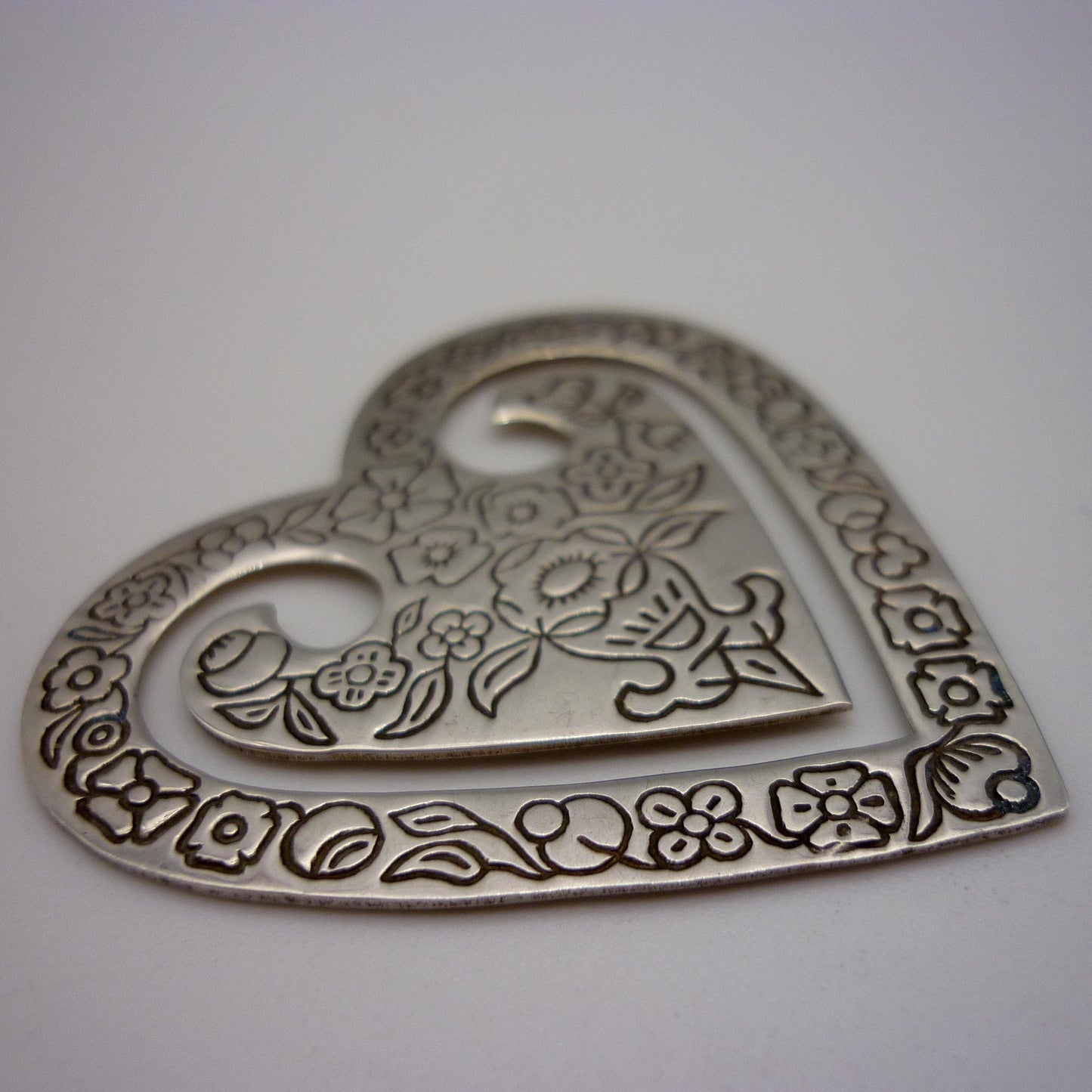 Vintage Sterling Silver Heart Bookmark, Embossed Victorian Style Floral Pattern
