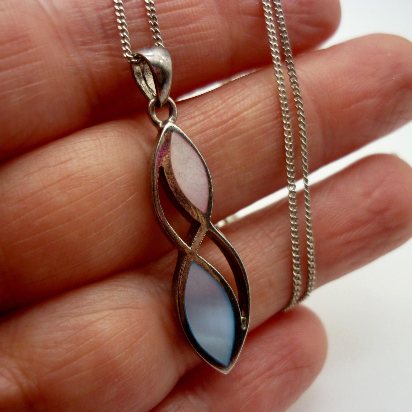 Vintage Silver Pink & Blue Mother of Pearl Pendant on 925 Chain