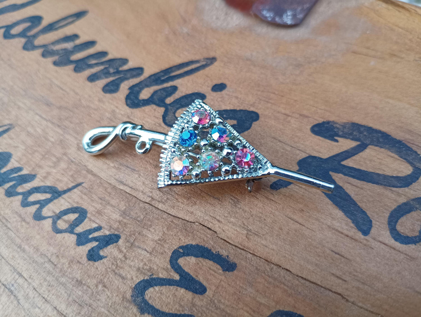 1960s Vintage Umbrella Brooch with Aurora Borealis Crystals
