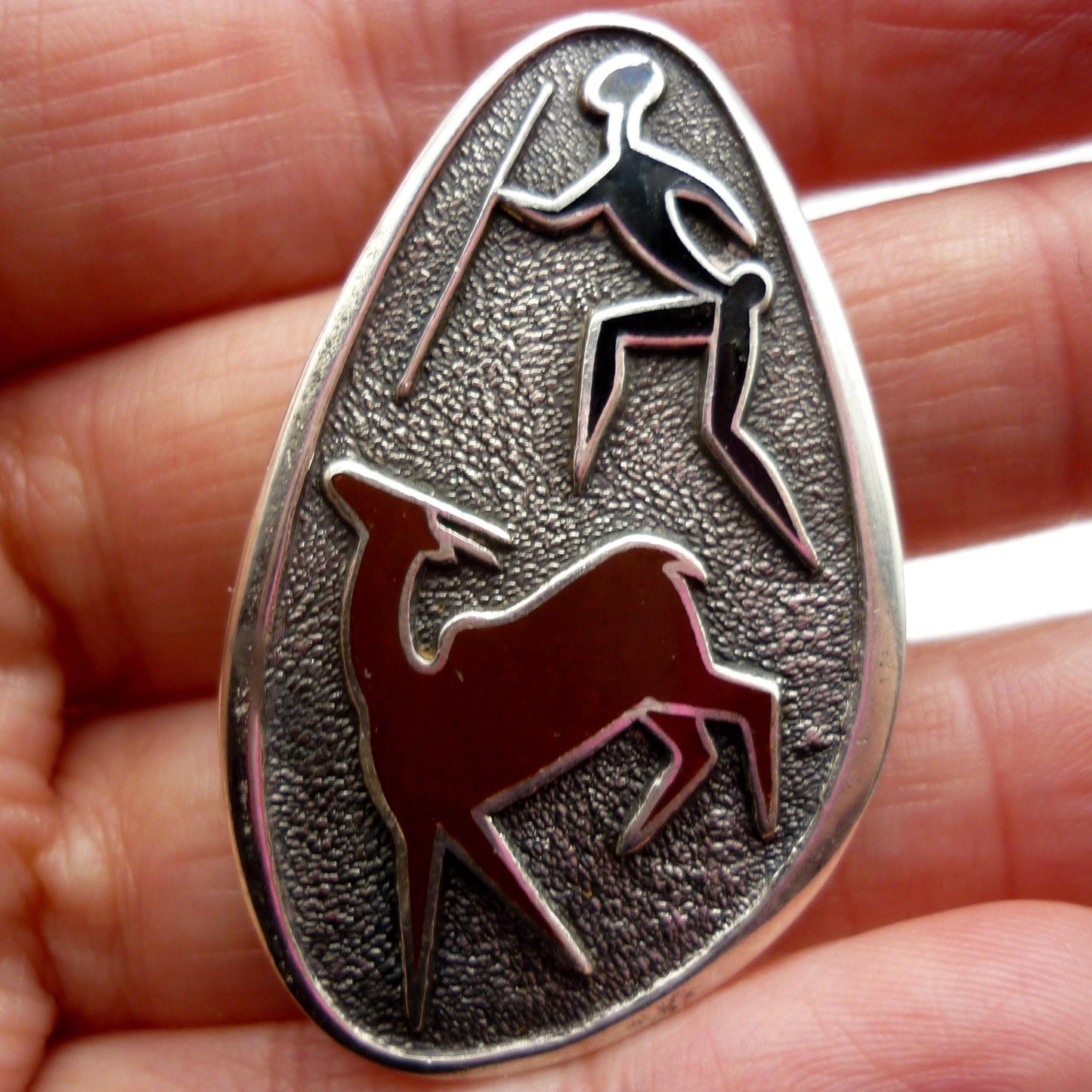 Vintage Sterling Silver Antelope & Hunter Brooch, African Art Jewellery