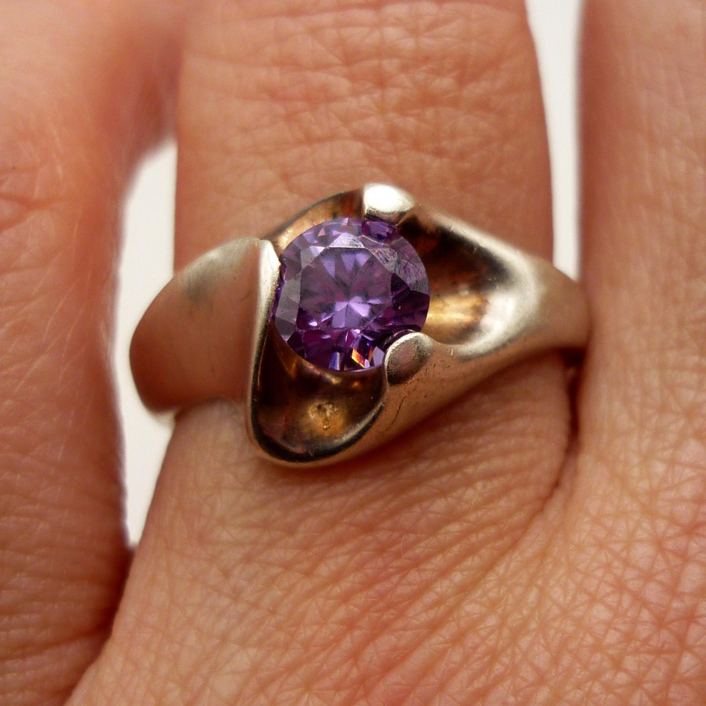 Vintage Silver Amethyst Solitaire Ring Size 6.5, Chunky Twist Band Sterling