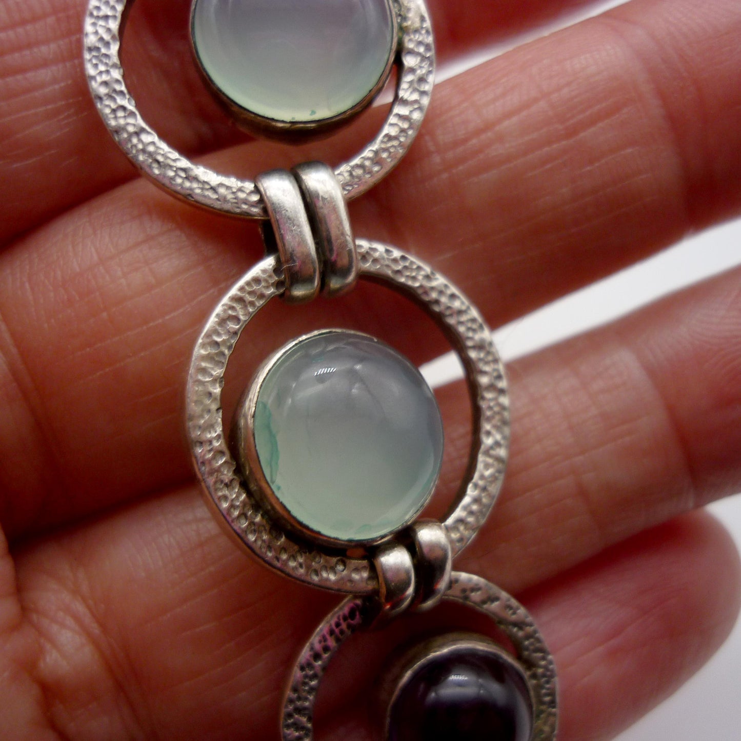 Blue Chalcedony & Amethyst Chain Link Silver Bracelet with Bezel Set Gemstone